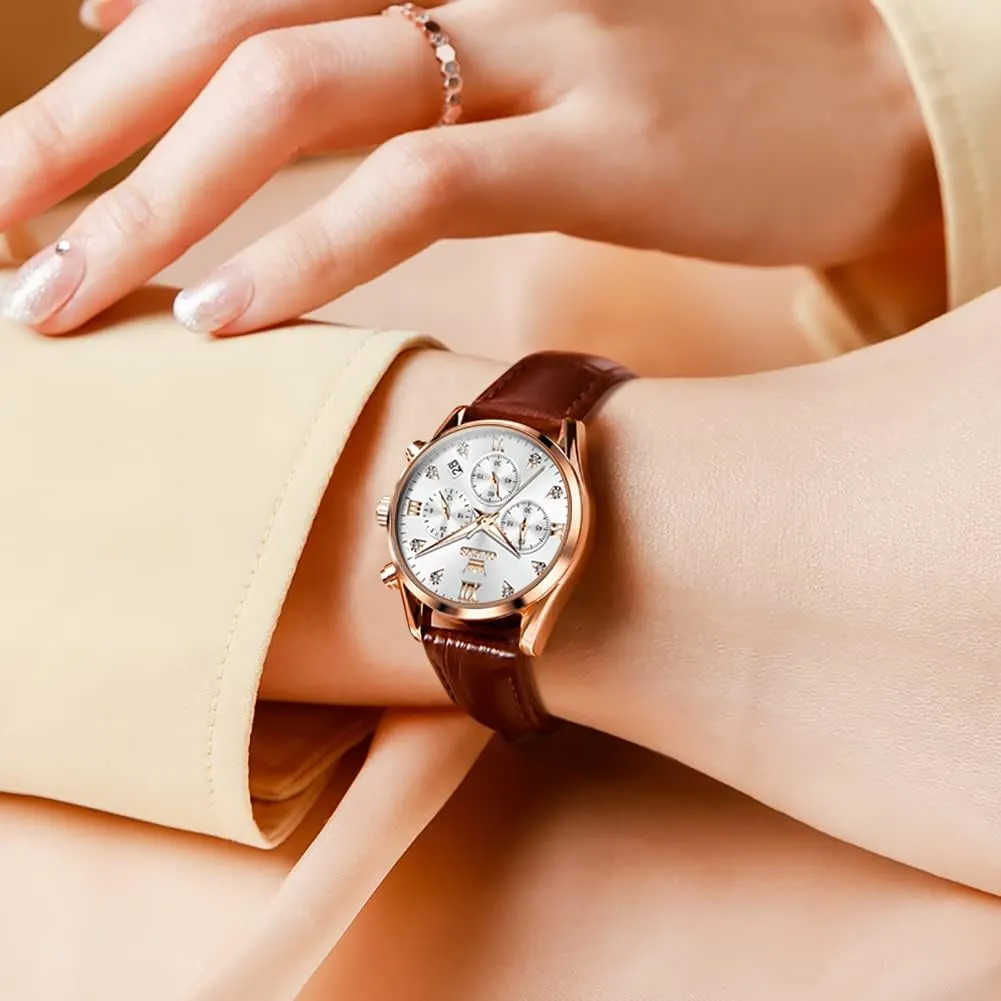 OLEVS Women's Watches Brown Leather Strap Analog Quartz Rose Gold Female Watches Multifunction Chronograph Diamond Waterproof Luminous Ladies