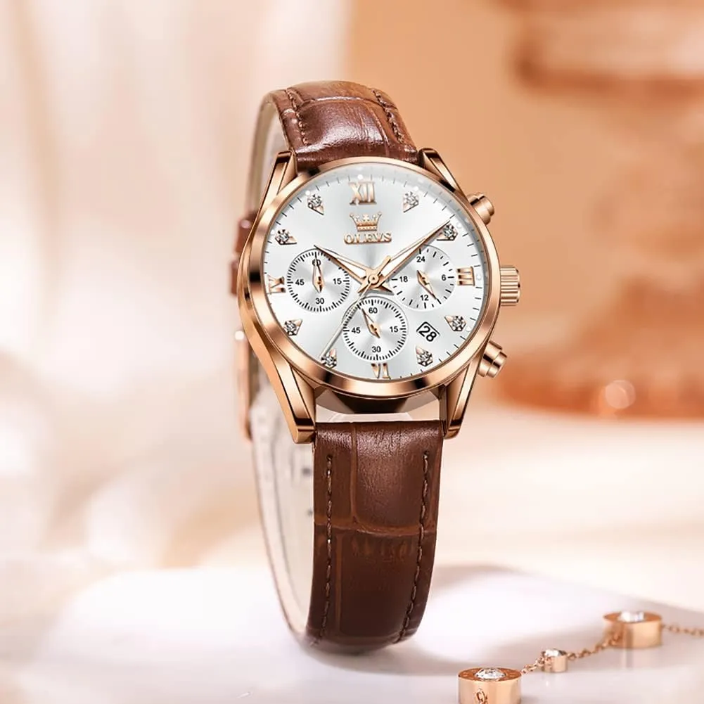 OLEVS Women's Watches Brown Leather Strap Analog Quartz Rose Gold Female Watches Multifunction Chronograph Diamond Waterproof Luminous Ladies