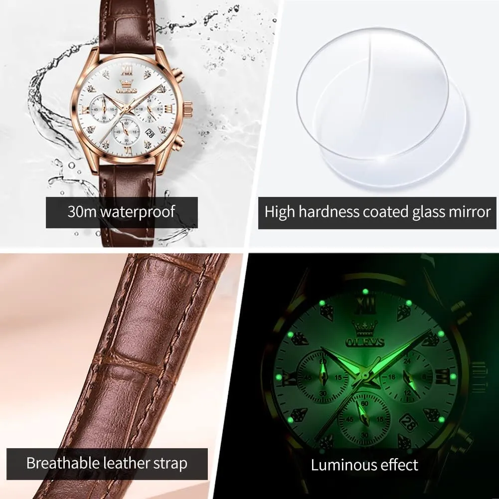 OLEVS Women's Watches Brown Leather Strap Analog Quartz Rose Gold Female Watches Multifunction Chronograph Diamond Waterproof Luminous Ladies