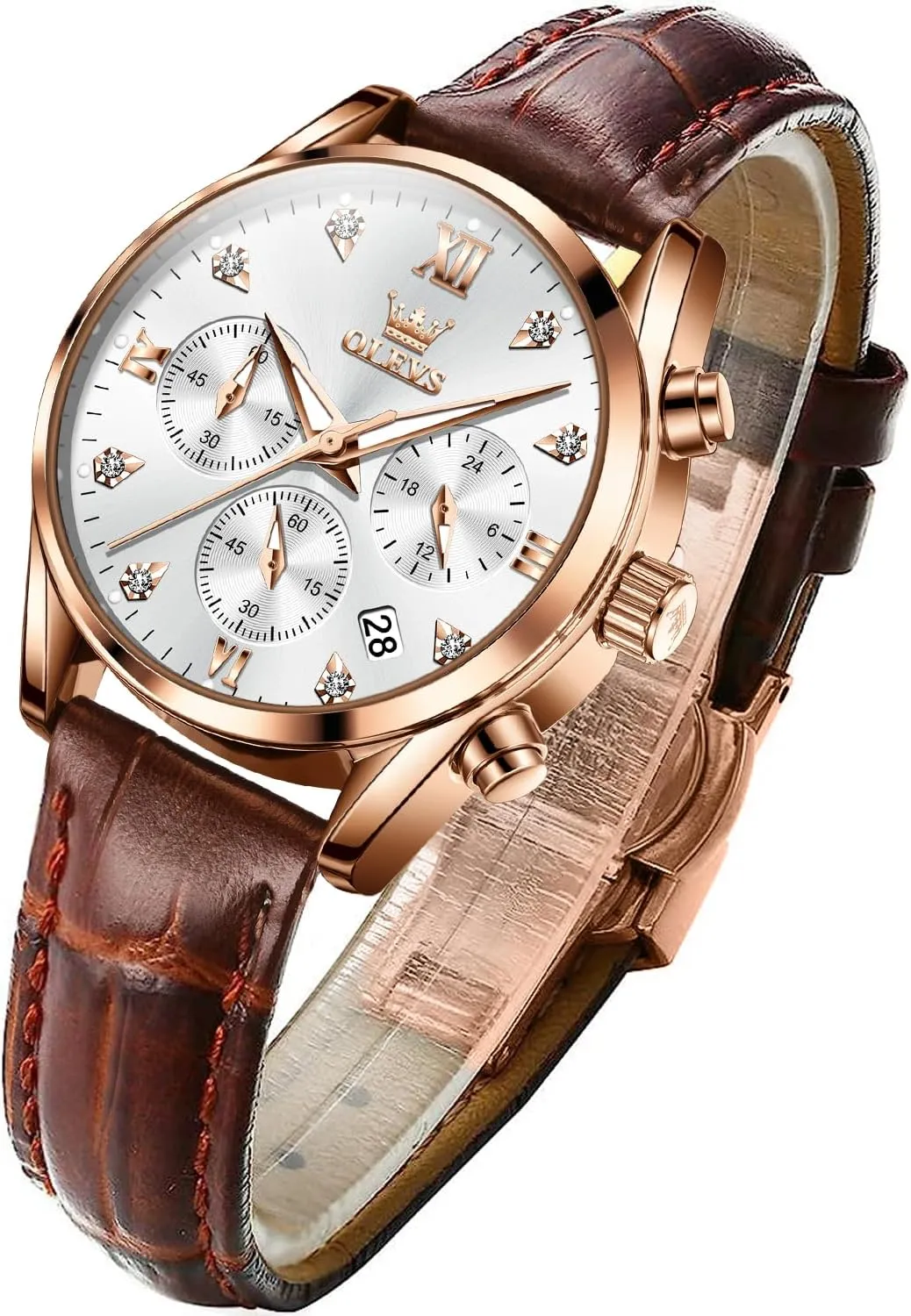 OLEVS Women's Watches Brown Leather Strap Analog Quartz Rose Gold Female Watches Multifunction Chronograph Diamond Waterproof Luminous Ladies