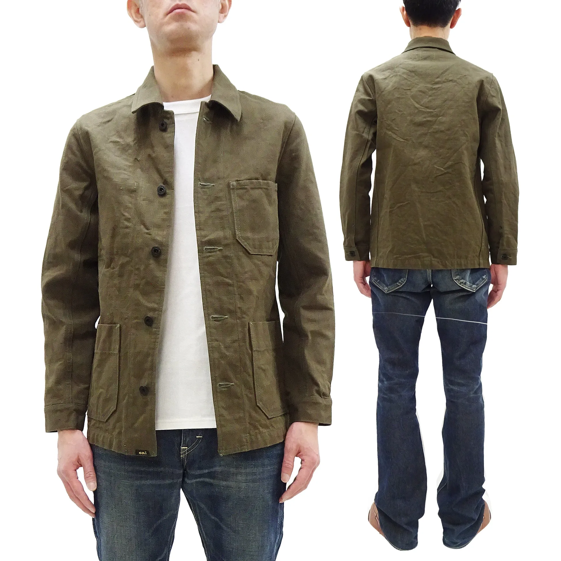 Oni Denim Chore Coat ONI-03100-HOX Men's Casual Modern-Fit Sulfur-Dyed Cotton Slub Oxford Weave Work Jacket Olive-Green One-Wash