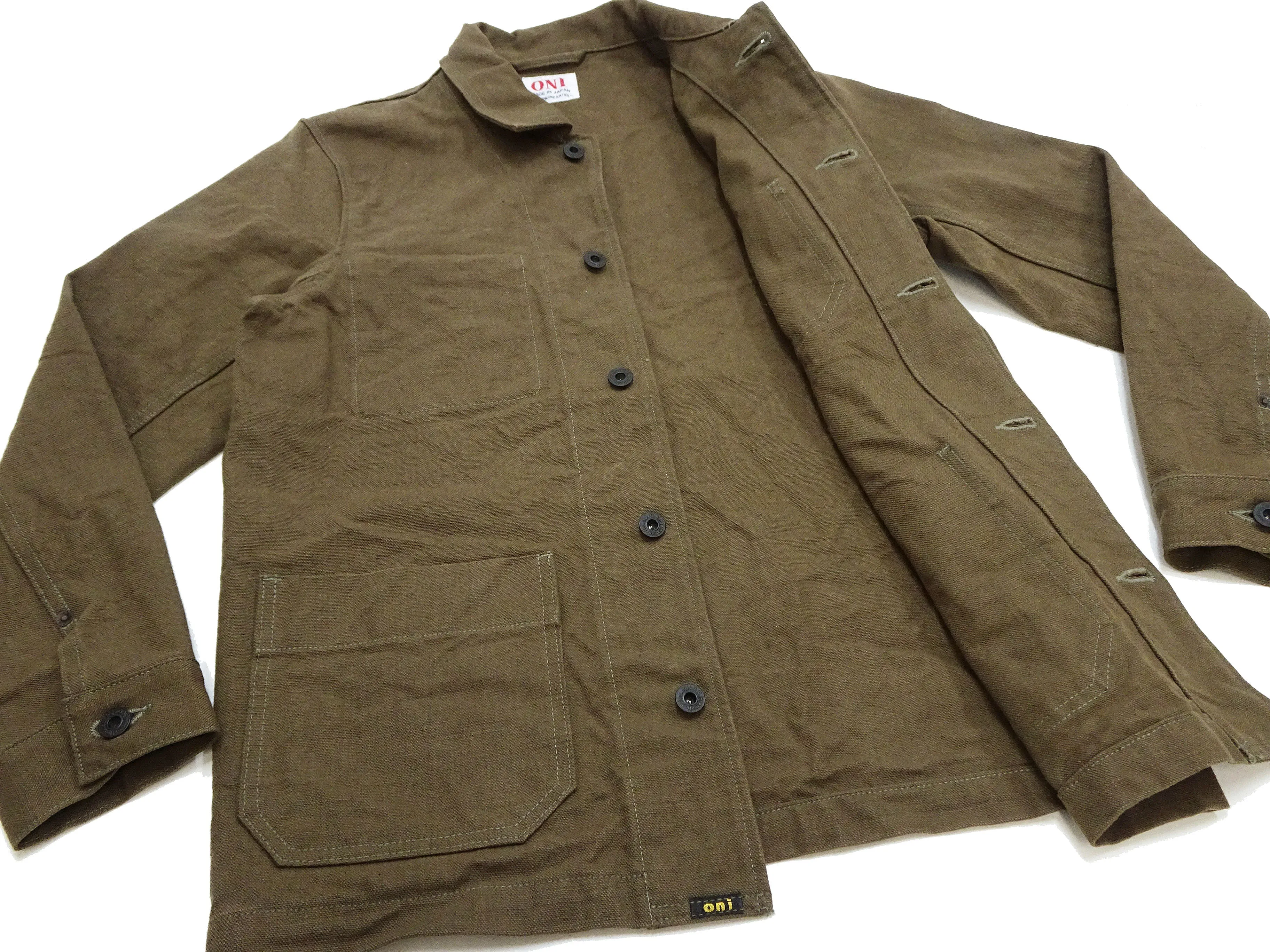 Oni Denim Chore Coat ONI-03100-HOX Men's Casual Modern-Fit Sulfur-Dyed Cotton Slub Oxford Weave Work Jacket Olive-Green One-Wash
