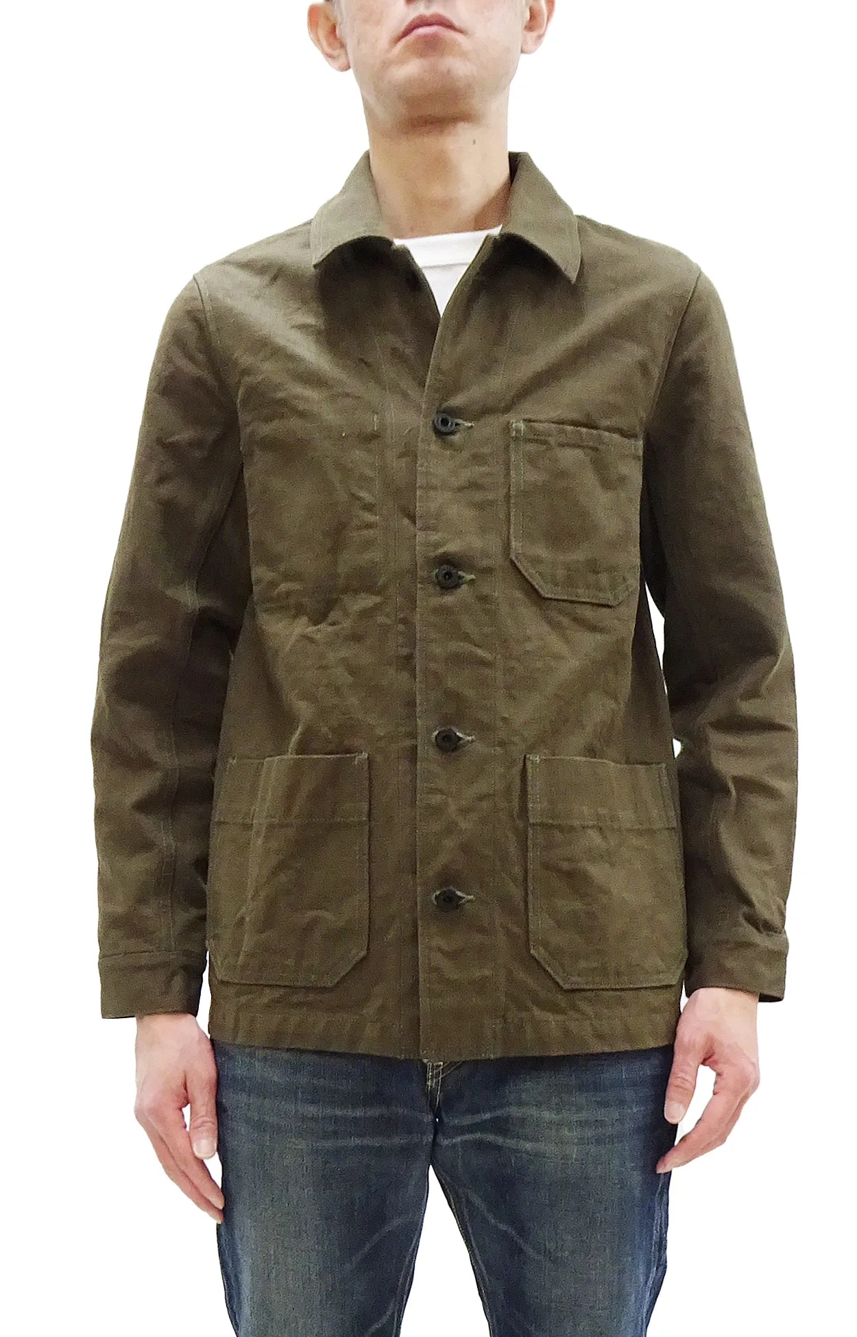 Oni Denim Chore Coat ONI-03100-HOX Men's Casual Modern-Fit Sulfur-Dyed Cotton Slub Oxford Weave Work Jacket Olive-Green One-Wash