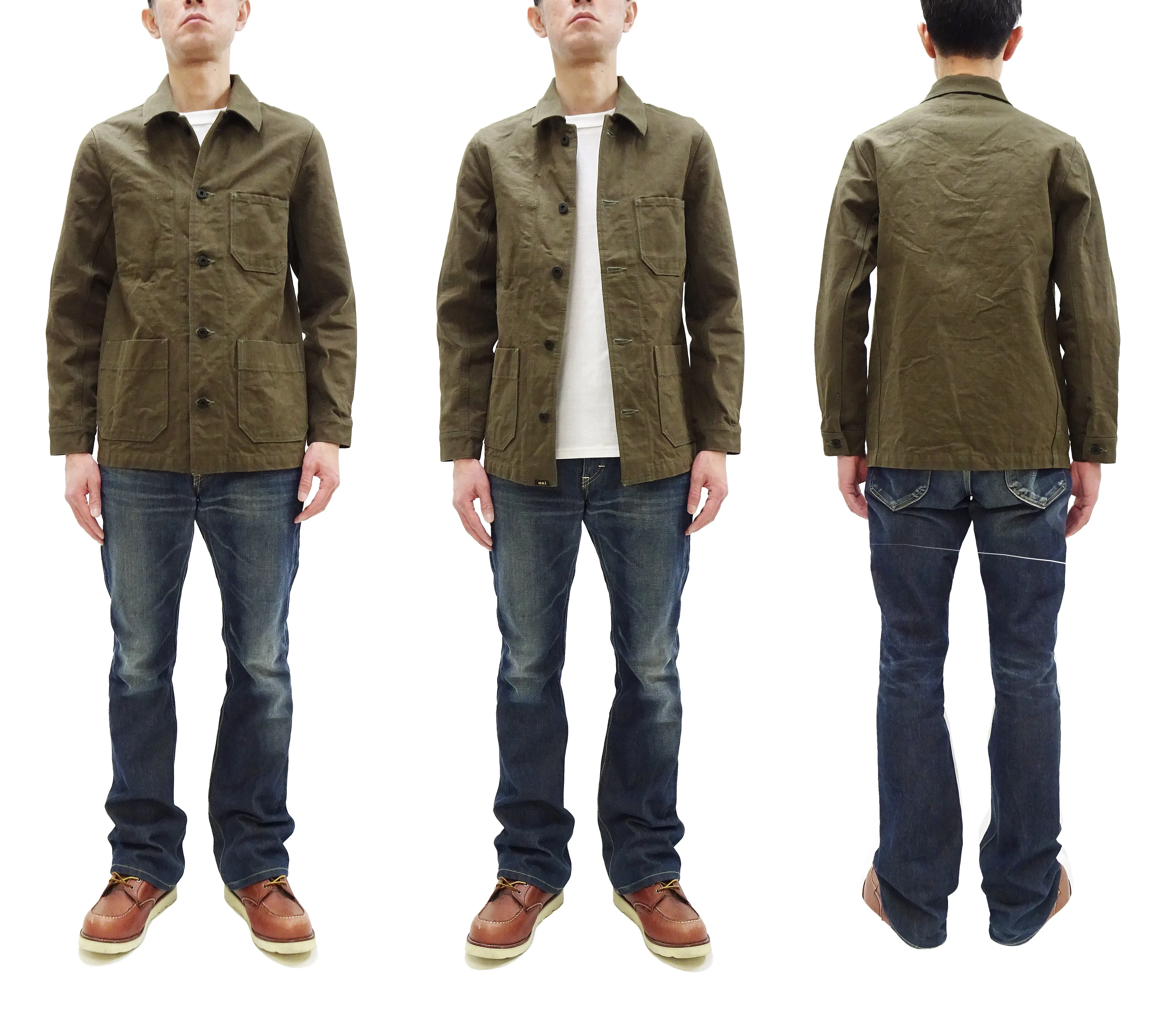 Oni Denim Chore Coat ONI-03100-HOX Men's Casual Modern-Fit Sulfur-Dyed Cotton Slub Oxford Weave Work Jacket Olive-Green One-Wash