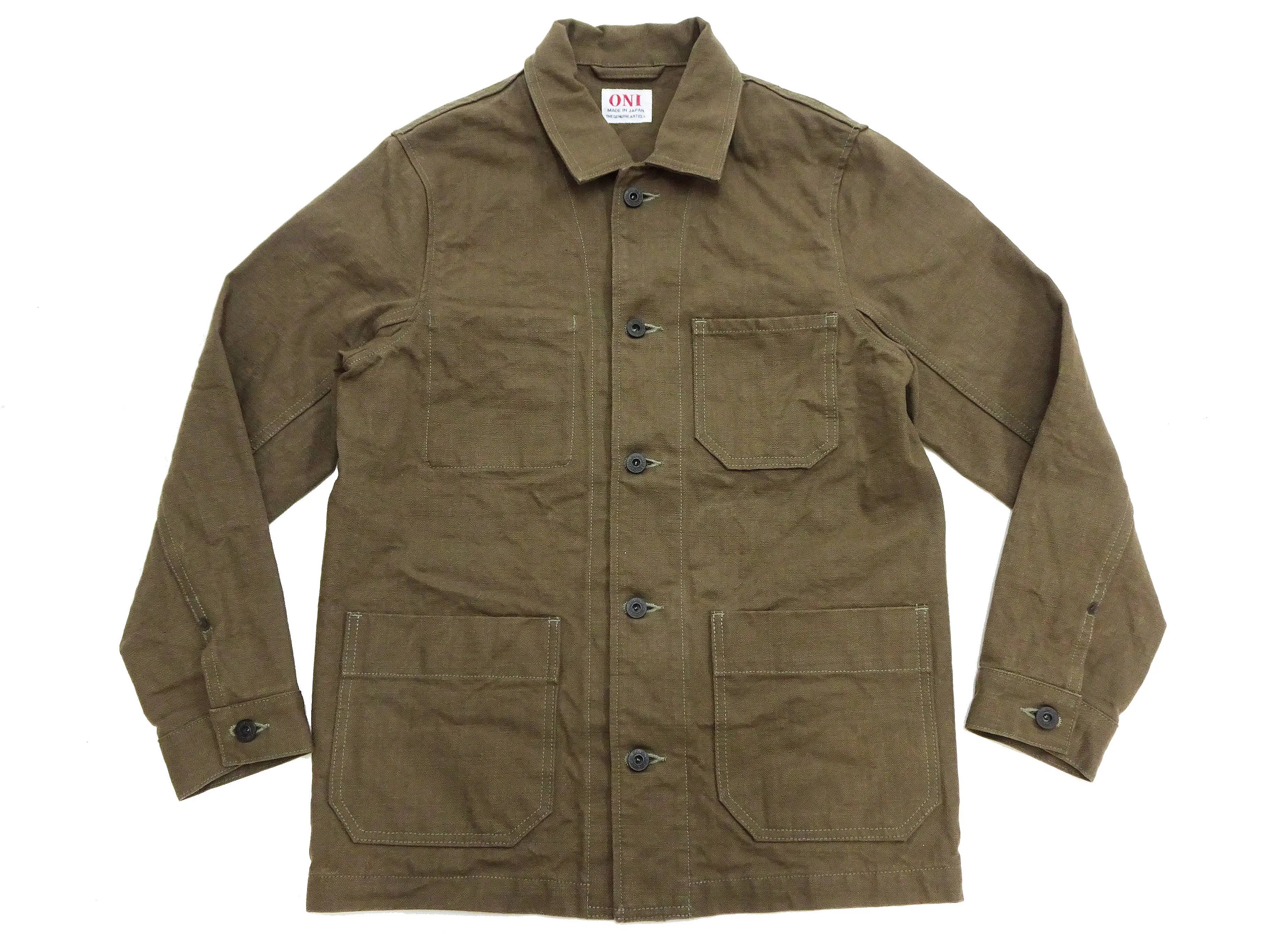 Oni Denim Chore Coat ONI-03100-HOX Men's Casual Modern-Fit Sulfur-Dyed Cotton Slub Oxford Weave Work Jacket Olive-Green One-Wash