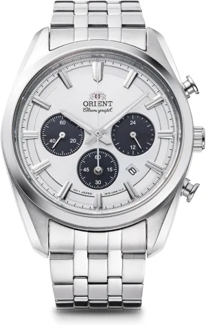 Orient Stretto Solar Chronograph 43mm White Dial Steel Strap Men's Watch RA-TX0305S10B