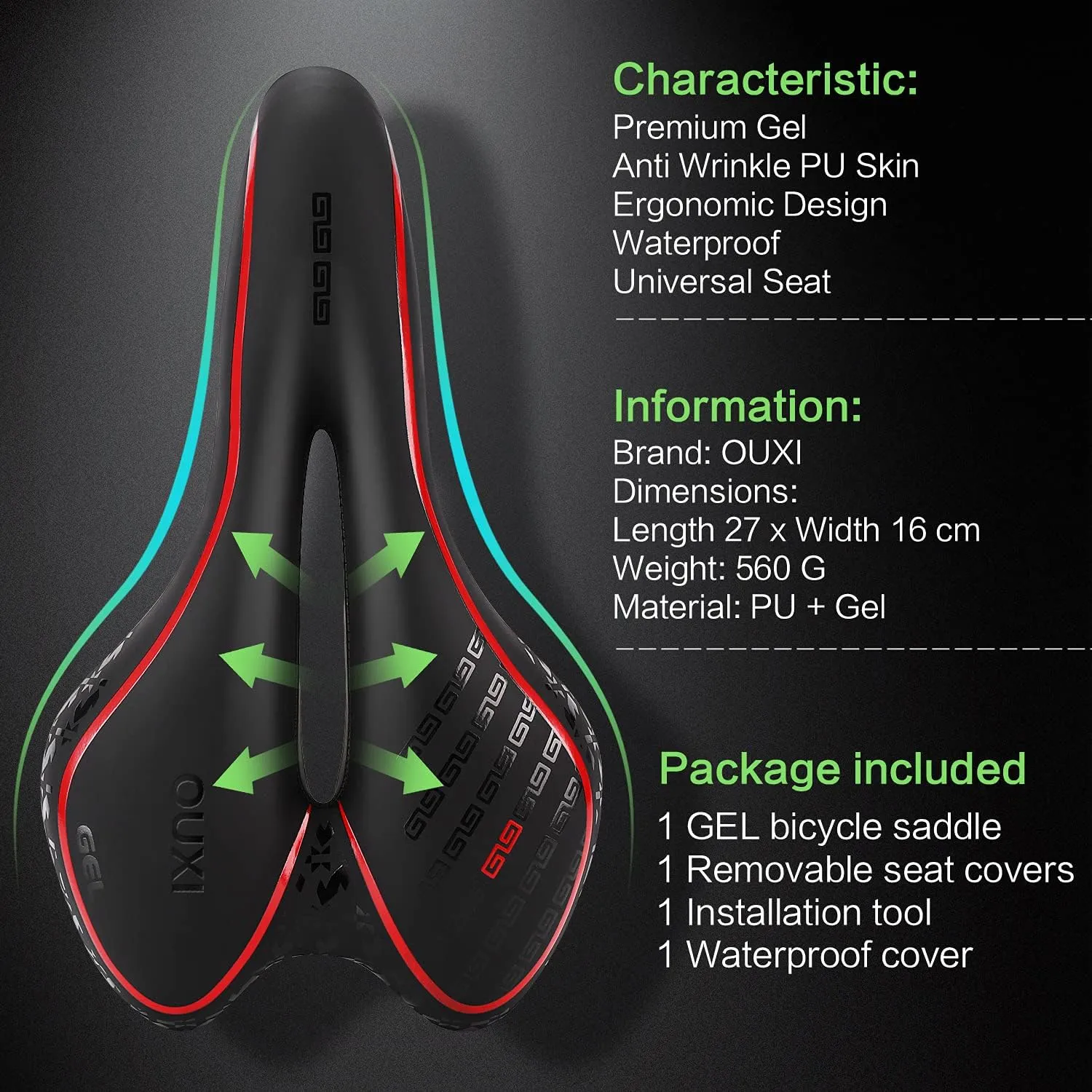OUXI Comfort Bike Seat Comfortable Gel Bicycle Saddle Replacement Soft Padded with Shock Absorbing Waterproof for MTB Mountain Bike Road Bike Exercise Bike Men Women and Ladies