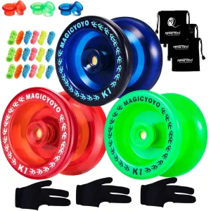 Pack of 3 Beginner Yoyos for Kids, MAGICYOYO K1-Plus Responsive Yoyos   3 Yoyo Gloves, 3 Yoyo Bags, 18 Strings, All in A Gift Box - Blue  Red  Green