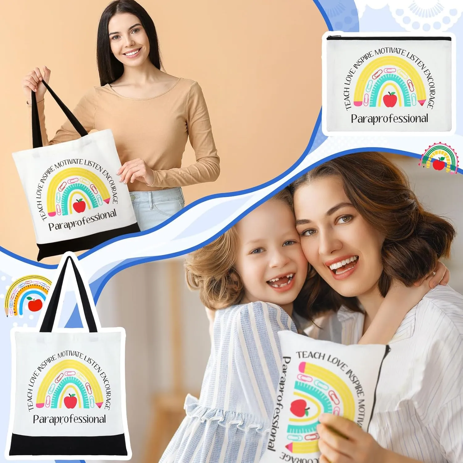 Paterr 2 Pcs Paraprofessional Gifts Survival Kit Tote Bag Cosmetic Makeup Bag Teaching Assistant Appreciation Gifts for Women