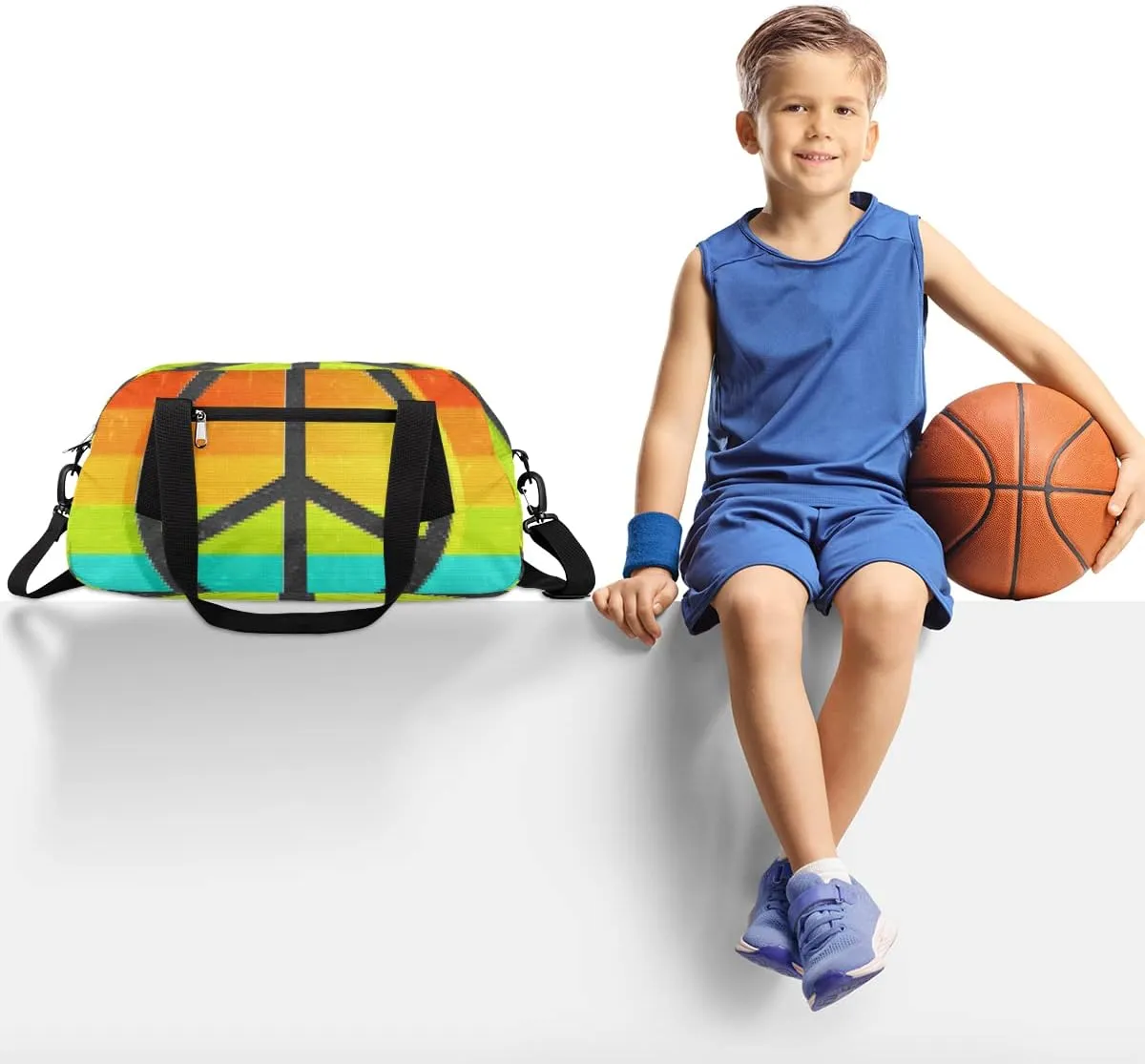 Peace Symbol Rainbow Love Kids Duffel Bag for Girls Boys Teens, Rainbow Pixel Wind Dance Bag Overnight Small Duffel Bag Carry On Weekend Sports Gym Travel Bag for School Practice Gymnastics Ballet