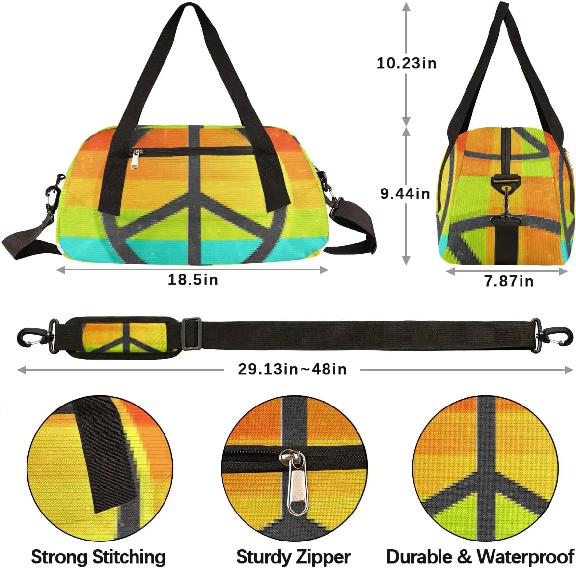Peace Symbol Rainbow Love Kids Duffel Bag for Girls Boys Teens, Rainbow Pixel Wind Dance Bag Overnight Small Duffel Bag Carry On Weekend Sports Gym Travel Bag for School Practice Gymnastics Ballet