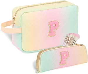 Personalized Initial Makeup Bag Colorful Cosmetic Bag Travel Toiletry Bag, Trendy Stuff Leather Waterproof Makeup Organizer Case Mother's Day/Birthday/Graduation Gifts for Women Girls Mom Girlfriend