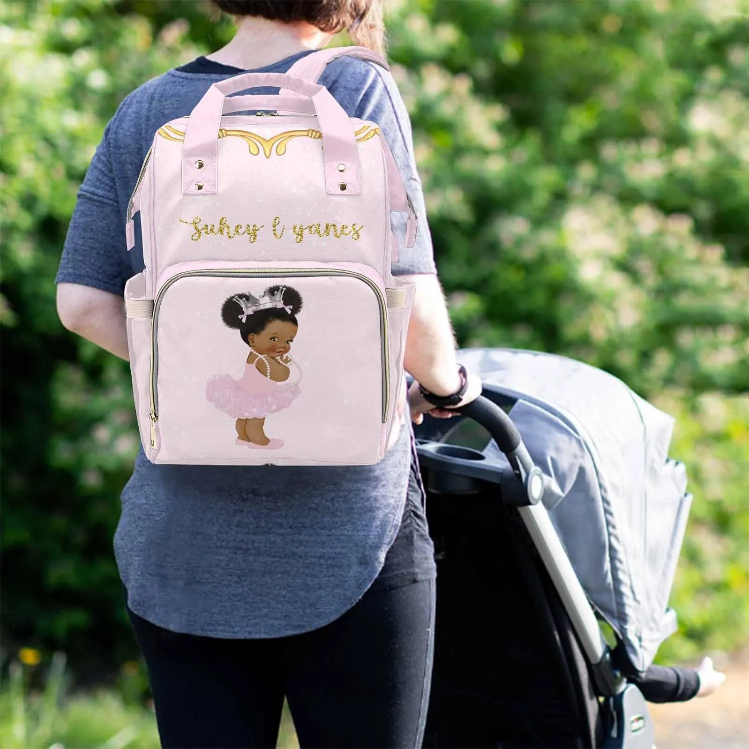 Personalized Pink Diaper Bag Backpack for Mom and Dad, Custom Royal African American Girl Princess Baby Bags for Newborn Daycare Bag for Girl Mom Gift