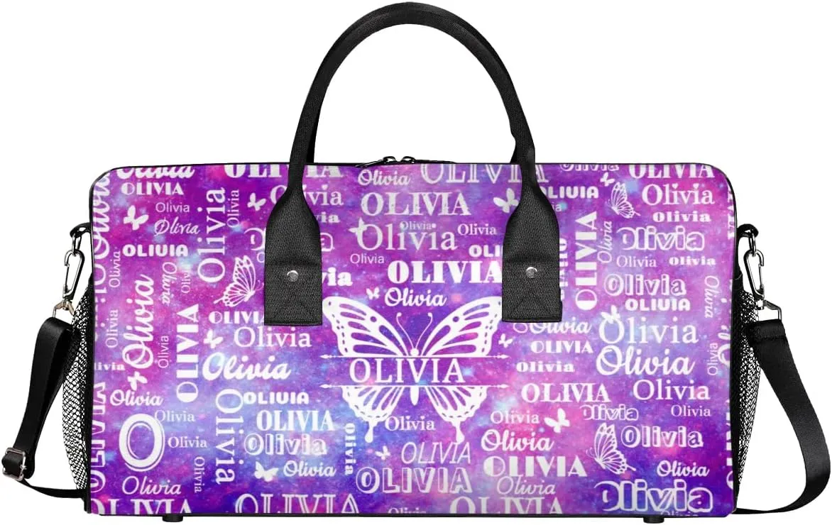 Personalized Sport Dance Bag Custom Duffle Bag, Butterfly Gym Bag Customized Travel Duffel Bag with Name White, Watercolor Purple Galaxy Background