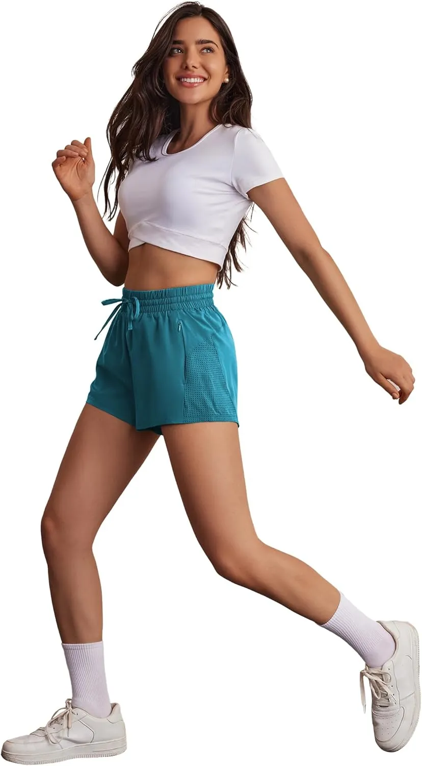 PINSPARK Womens Athletic Shorts High Waisted Running Shorts 2 in 1 Drawstring Quick Dry Gym Shorts with Zipper Pockets