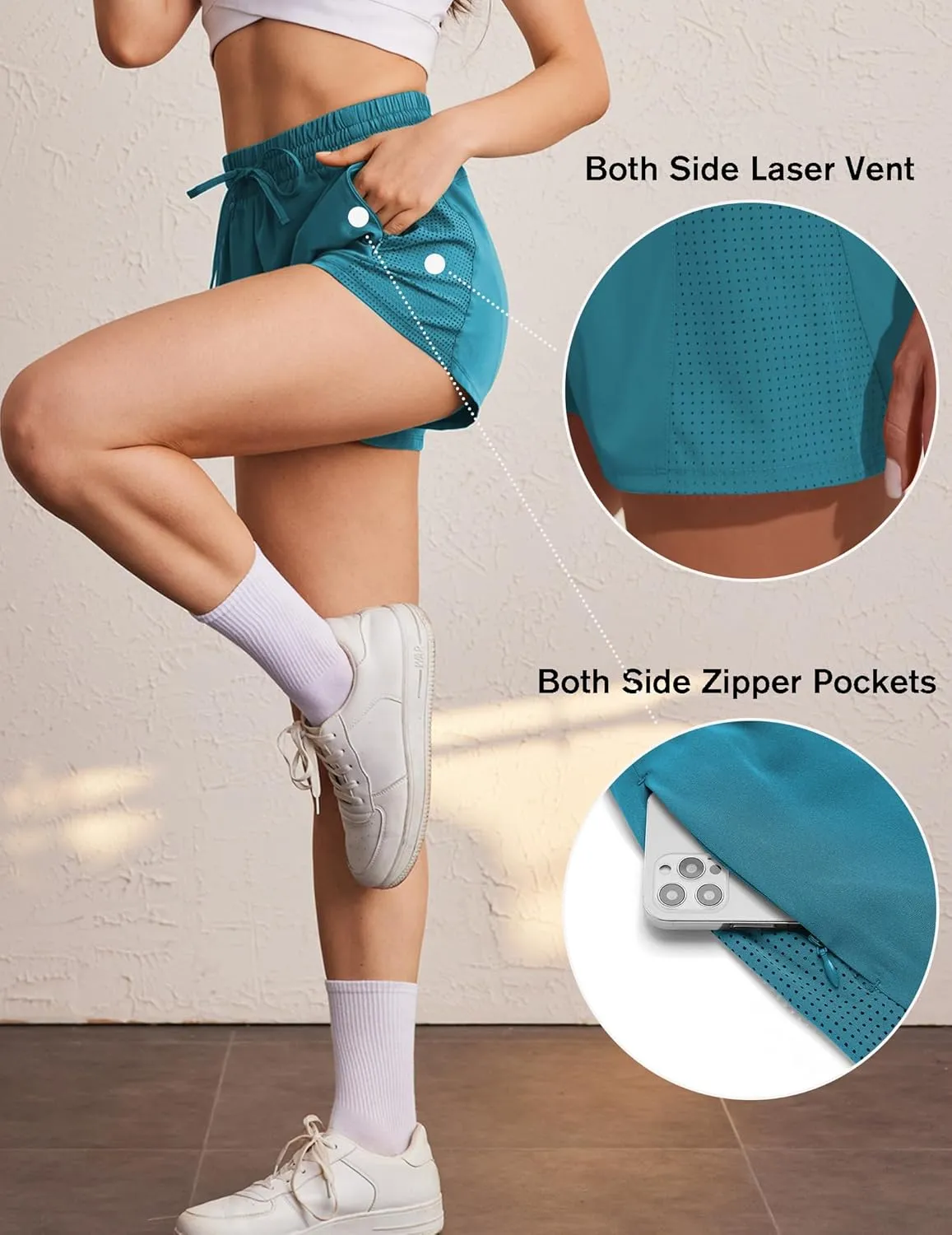 PINSPARK Womens Athletic Shorts High Waisted Running Shorts 2 in 1 Drawstring Quick Dry Gym Shorts with Zipper Pockets