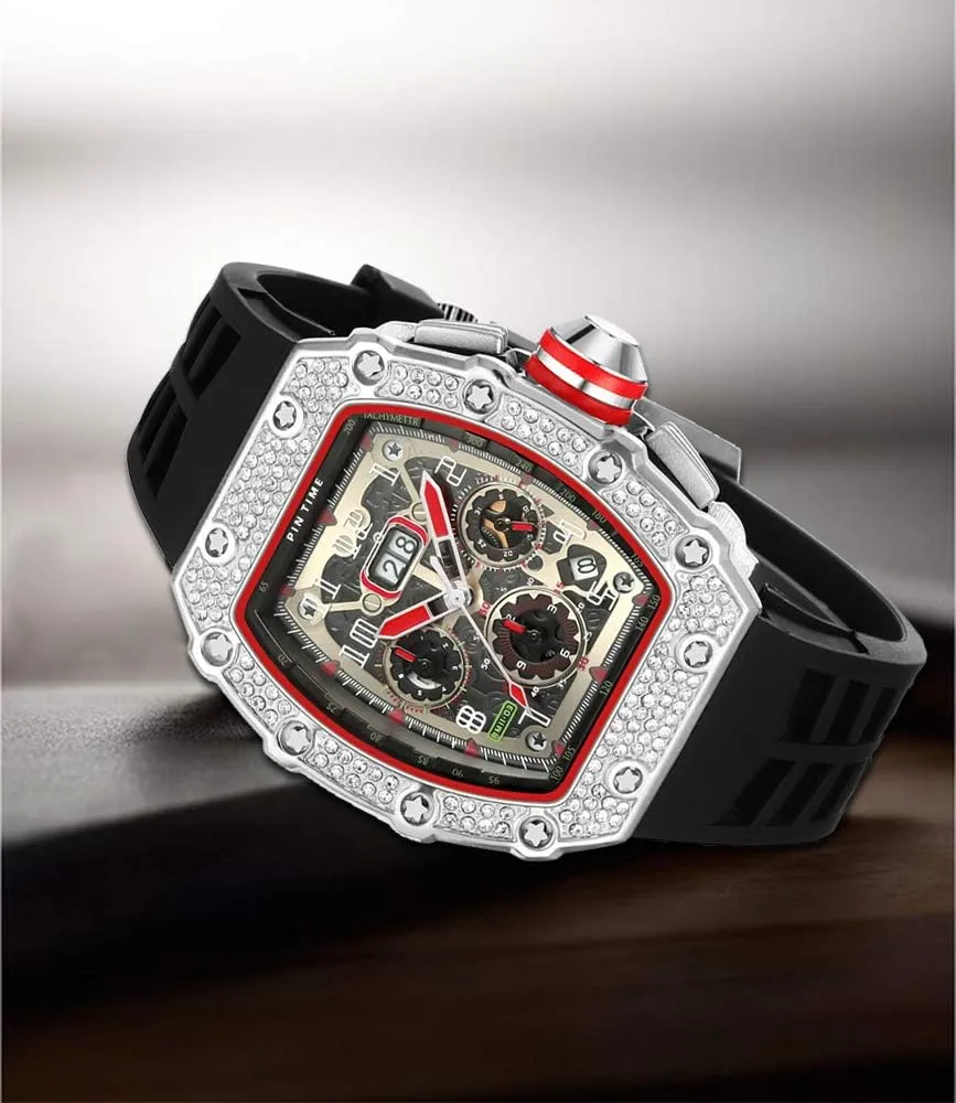 PINTIME Mens Bling Punk Chronograph Watch Iced Out Diamond Designer Watch Unique Fashion Style Quartz Sports Wristwatch Silicone Leather Band