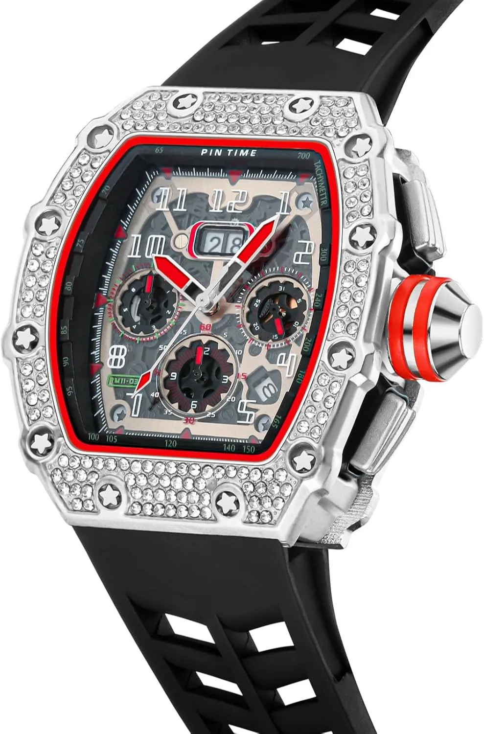 PINTIME Mens Bling Punk Chronograph Watch Iced Out Diamond Designer Watch Unique Fashion Style Quartz Sports Wristwatch Silicone Leather Band