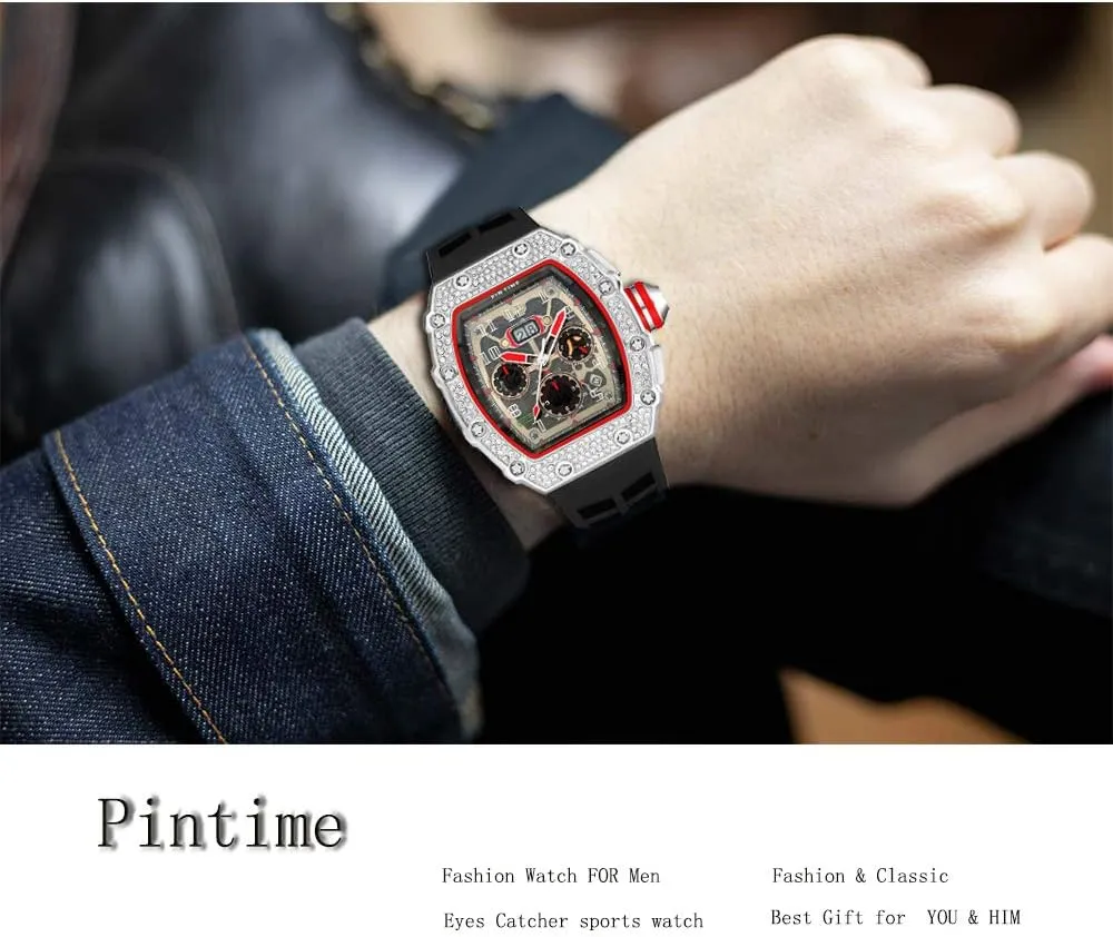 PINTIME Mens Bling Punk Chronograph Watch Iced Out Diamond Designer Watch Unique Fashion Style Quartz Sports Wristwatch Silicone Leather Band