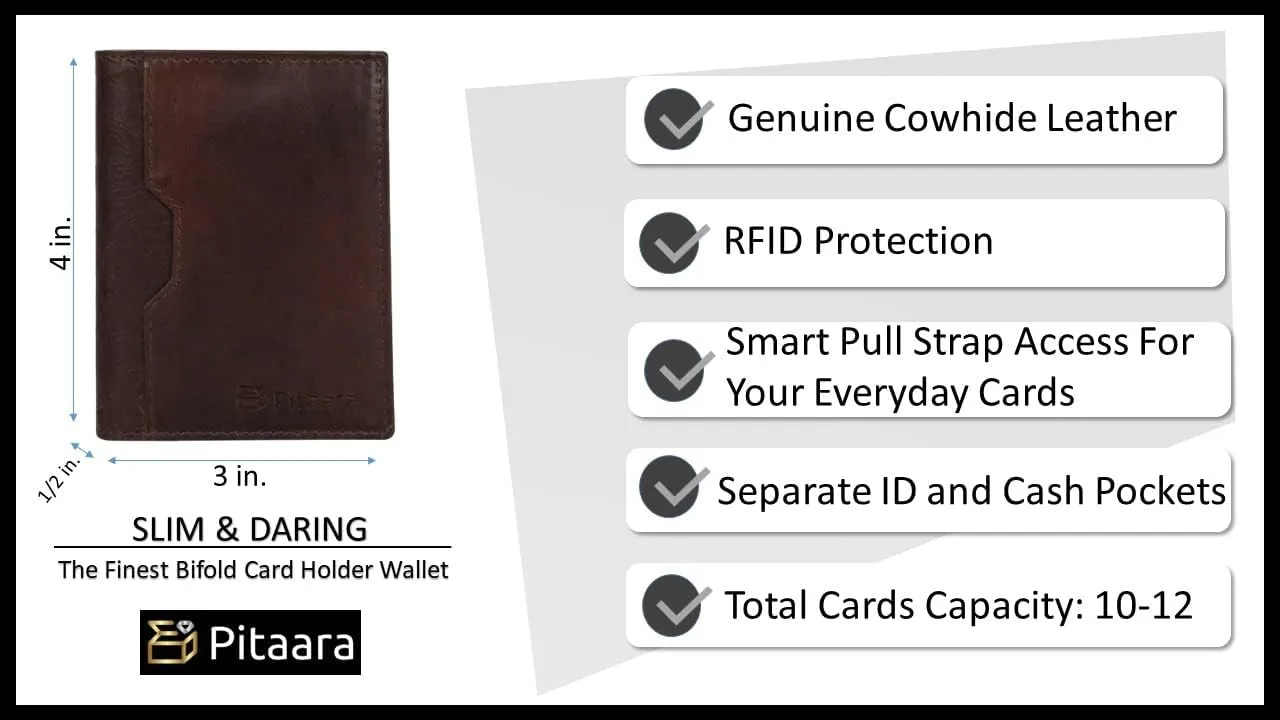 Pitaara Genuine Leather Slim Hand Crafted Minimalist Bifold Front Pocket Wallet with RFID Blocking