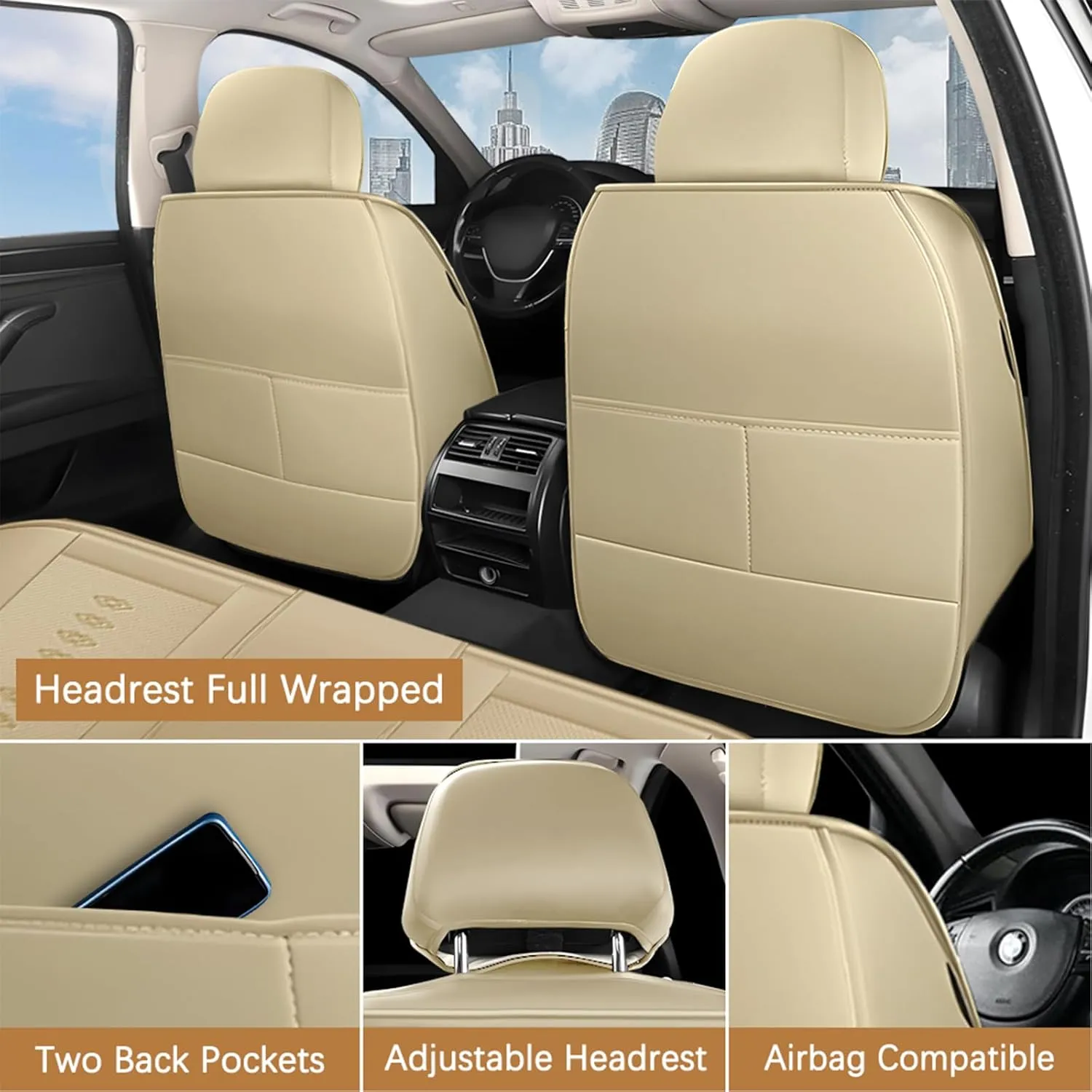Premium Leather Seat Covers for Mercury Grand Marquis 2000-2010,Car Seat Covers Front Set,Waterproof Car Seat Protectors with Airbag,Comfort Interior Cover Seats for Cars(Beige,Pillows)