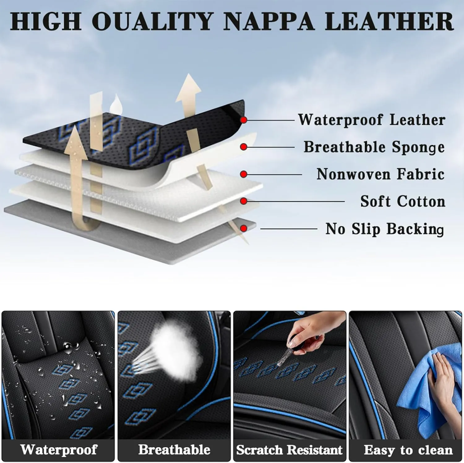 Premium Leather Seat Covers for Mercury Marauder 2003-2004,Premium Car Seat Covers Front Set,Waterproof Car Seat Protectors with Airbag,Comfort Interior Cover Seats for Cars(Black Blue)