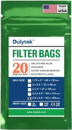 Premium Nylon 20 Pcs Filter Bags, 160 Micron, 2.5" x 6.5", Double-Stitching, Zero Blowouts, Made in the USA