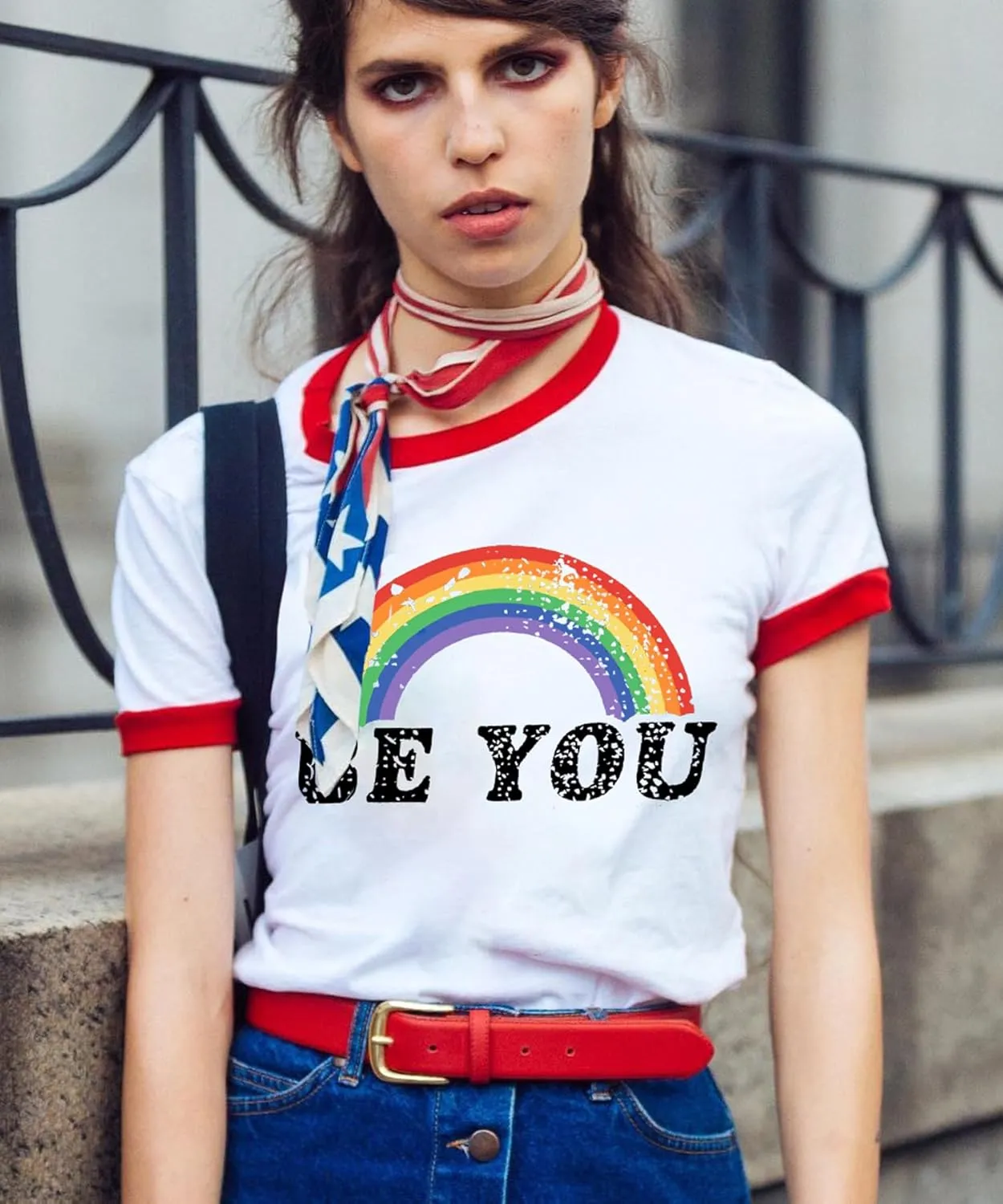 Pride Shirts for Women Pride Month Rainbow Graphic T-Shirt LGBTQ Support Red Ringer Tee