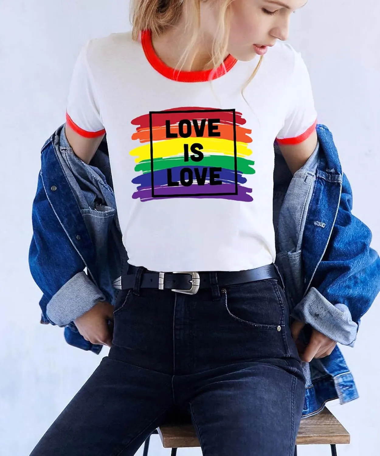 Pride Shirts for Women Pride Month Rainbow Graphic T-Shirt LGBTQ Support Red Ringer Tee
