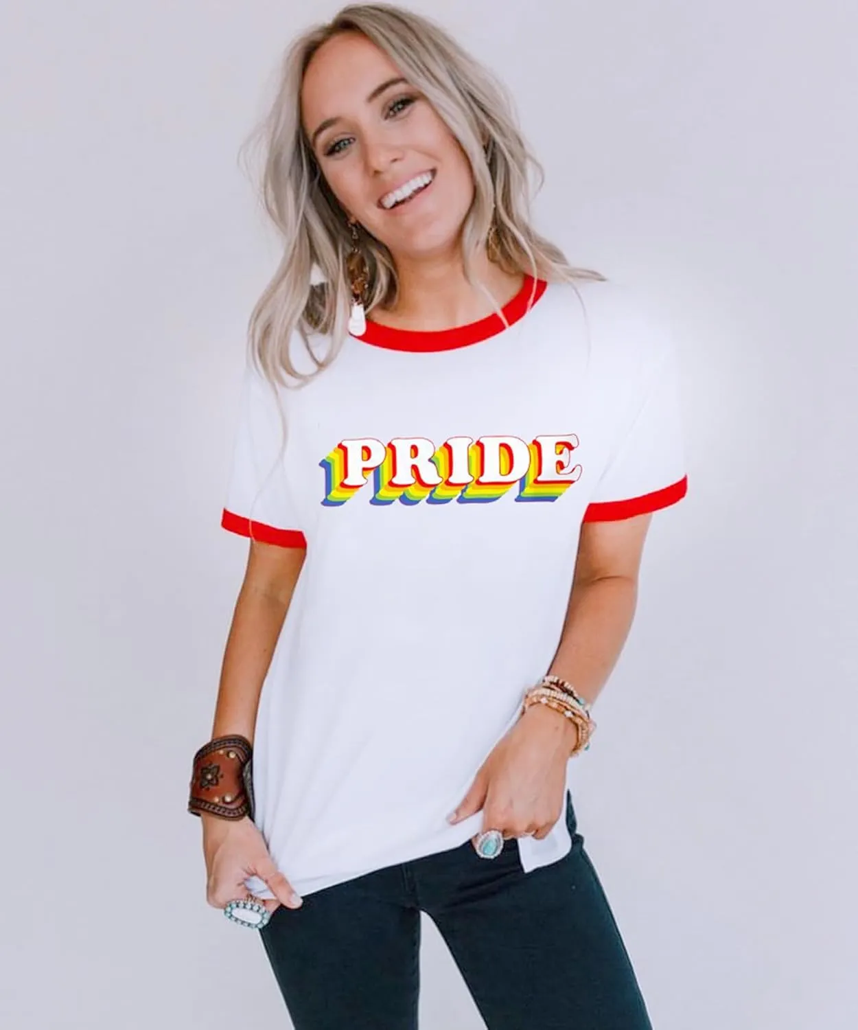 Pride Shirts for Women Pride Month Rainbow Graphic T-Shirt LGBTQ Support Red Ringer Tee