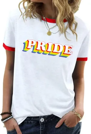 Pride Shirts for Women Pride Month Rainbow Graphic T-Shirt LGBTQ Support Red Ringer Tee