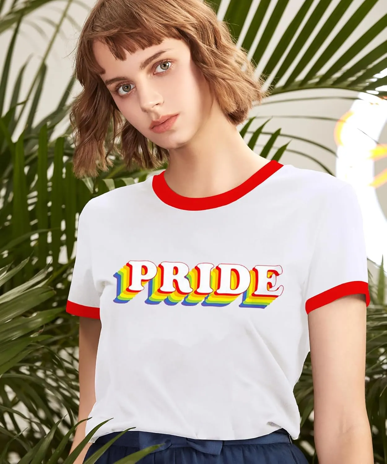 Pride Shirts for Women Pride Month Rainbow Graphic T-Shirt LGBTQ Support Red Ringer Tee