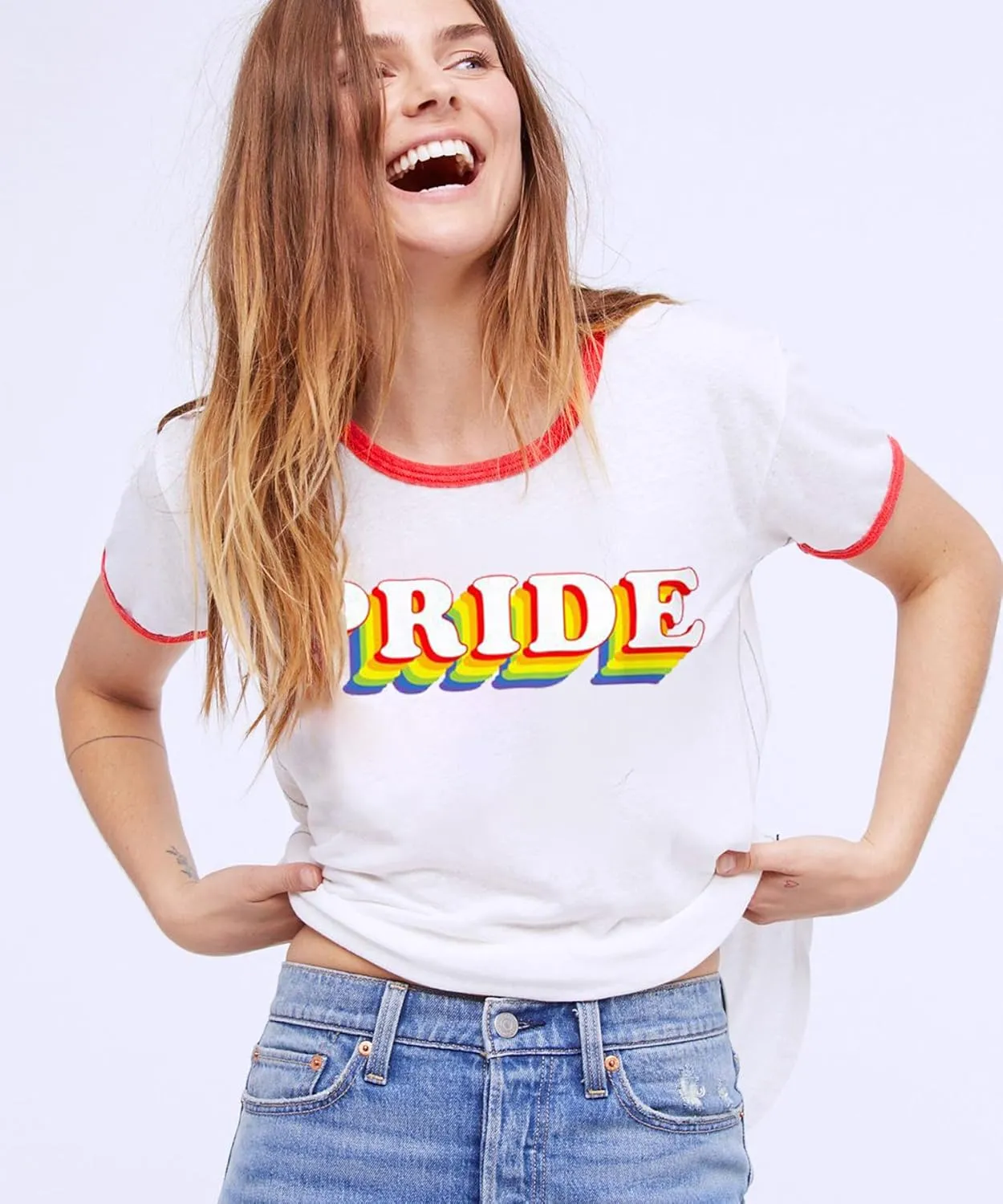 Pride Shirts for Women Pride Month Rainbow Graphic T-Shirt LGBTQ Support Red Ringer Tee