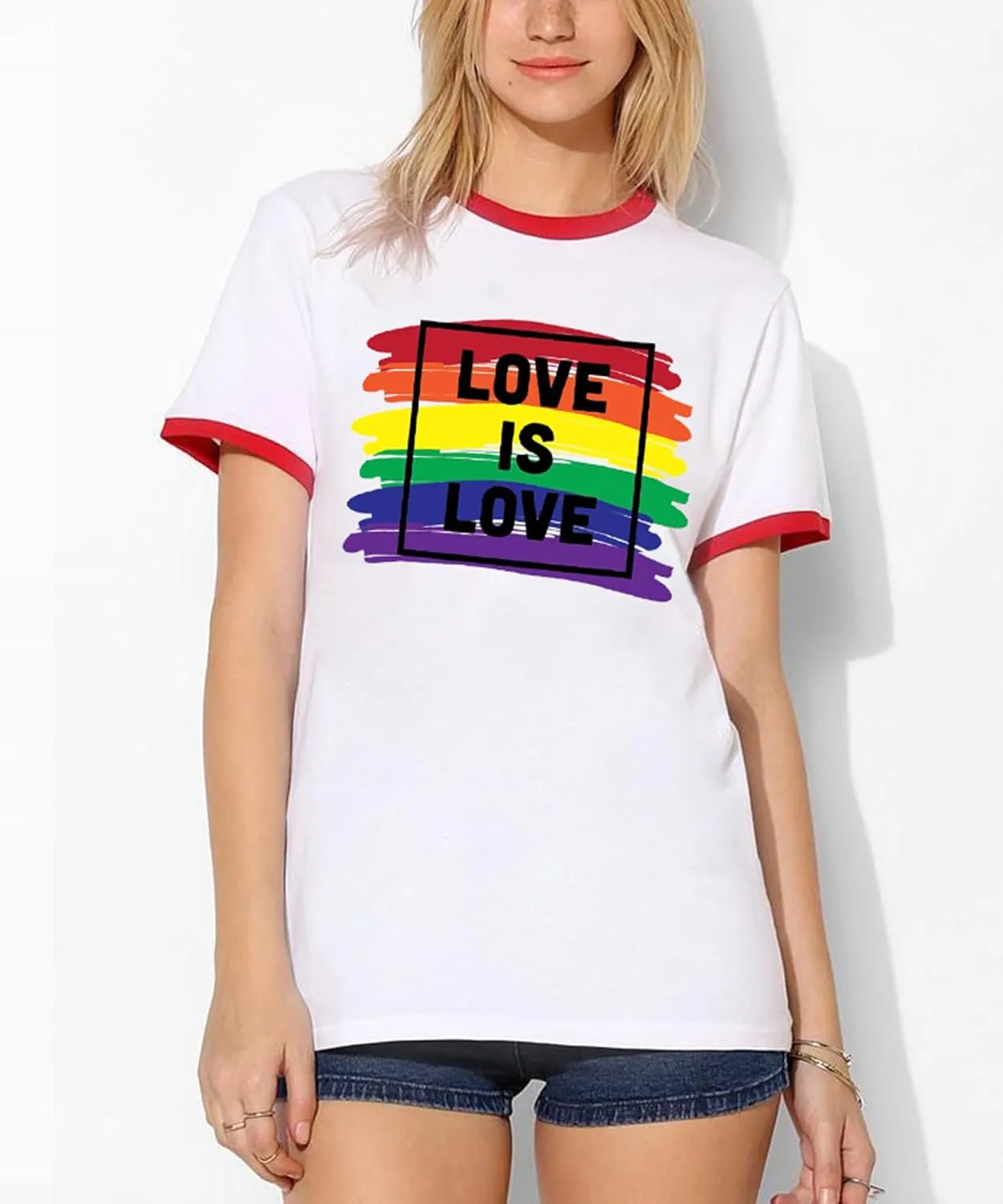 Pride Shirts for Women Pride Month Rainbow Graphic T-Shirt LGBTQ Support Red Ringer Tee