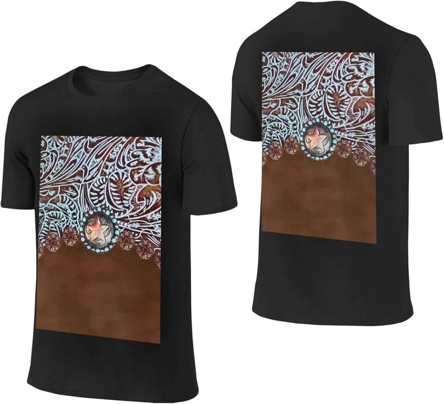 Primitive Rustic Western Cowboy Brown Turquoise Tooled Leather Cotton Short Sleeve T-Shirt,Stretch Comfortfit Tee for Sport