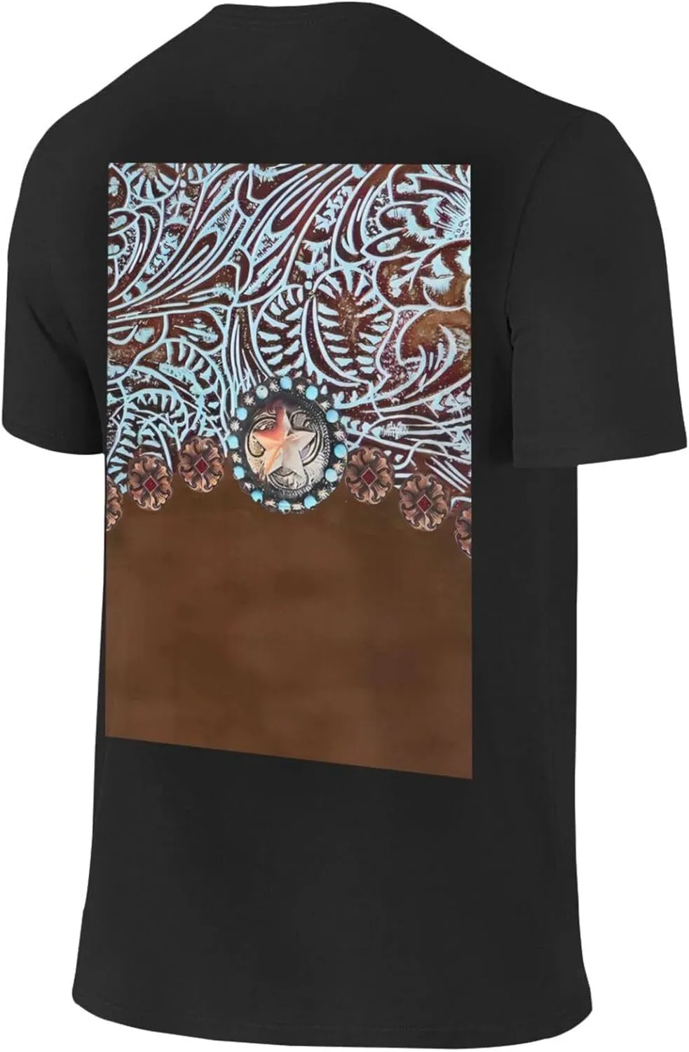 Primitive Rustic Western Cowboy Brown Turquoise Tooled Leather Cotton Short Sleeve T-Shirt,Stretch Comfortfit Tee for Sport