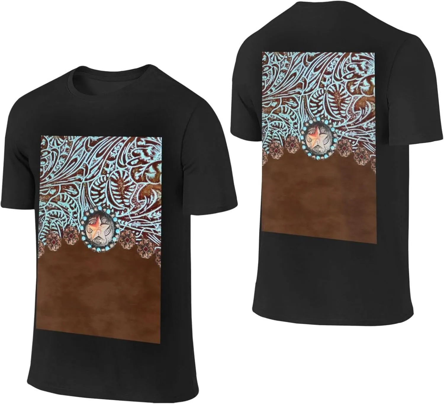 Primitive Rustic Western Cowboy Brown Turquoise Tooled Leather Cotton Short Sleeve T-Shirt,Stretch Comfortfit Tee for Sport