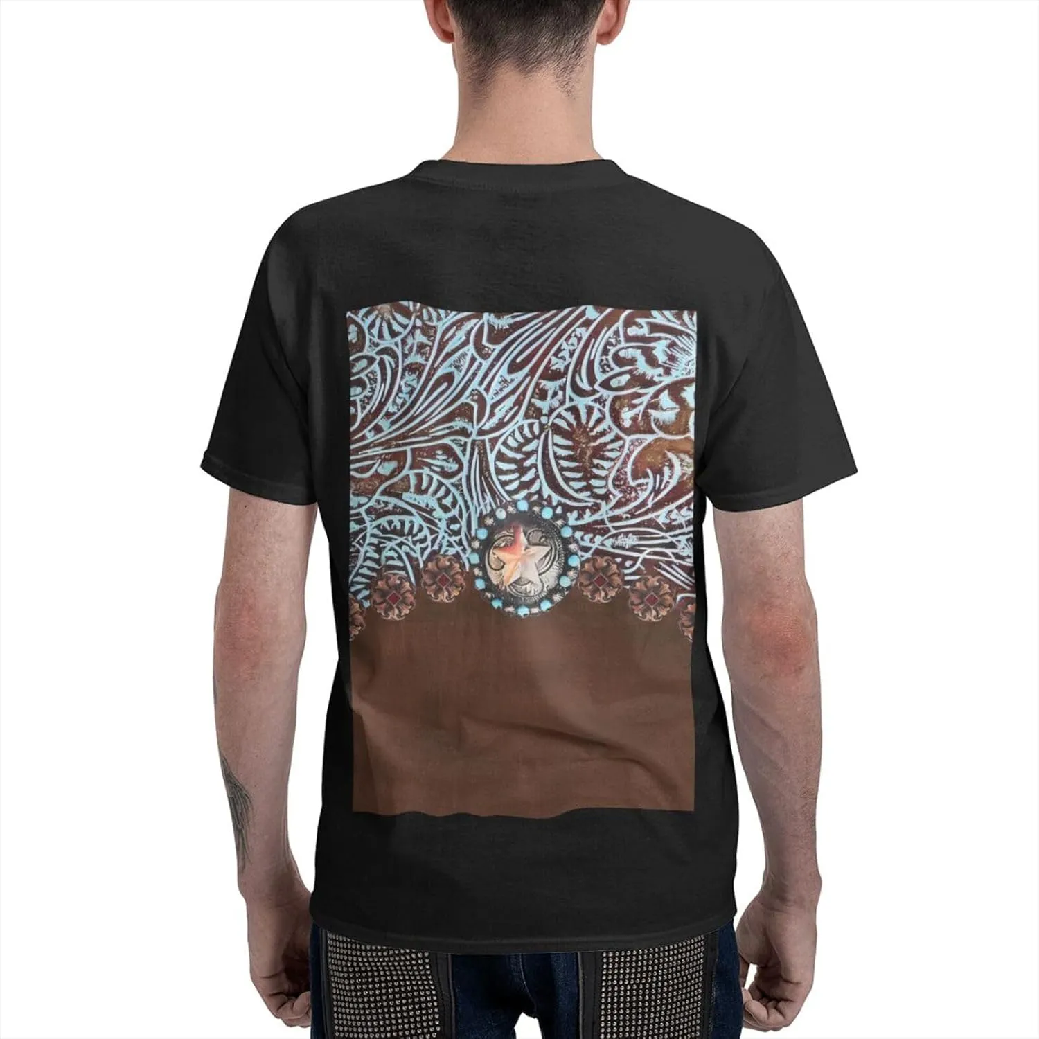 Primitive Rustic Western Cowboy Brown Turquoise Tooled Leather Cotton Short Sleeve T-Shirt,Stretch Comfortfit Tee for Sport