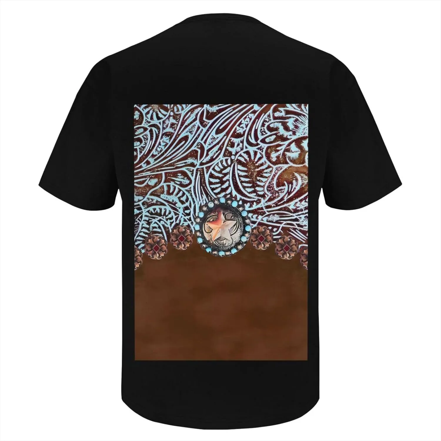 Primitive Rustic Western Cowboy Brown Turquoise Tooled Leather Cotton Short Sleeve T-Shirt,Stretch Comfortfit Tee for Sport