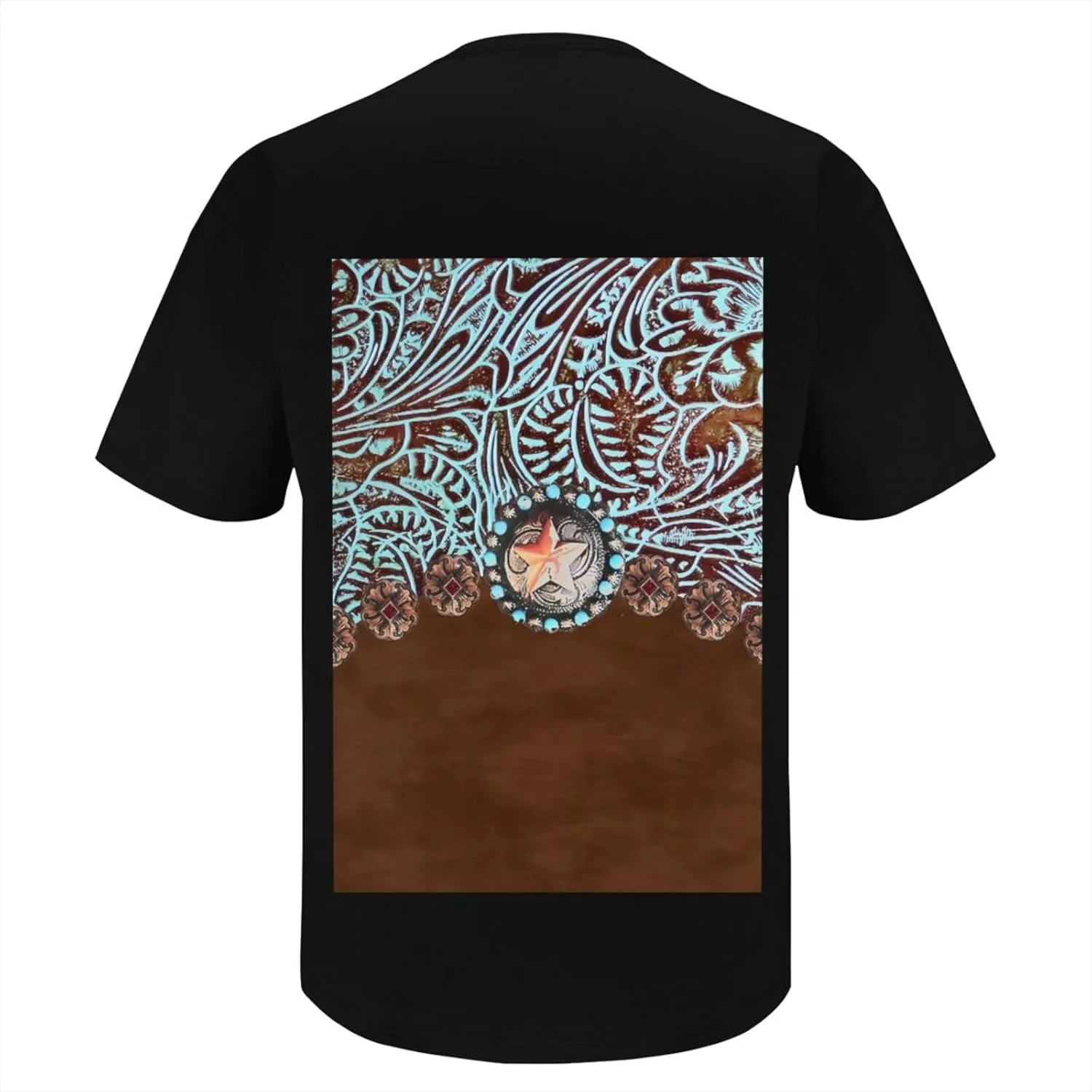 Primitive Rustic Western Cowboy Brown Turquoise Tooled Leather Cotton Short Sleeve T-Shirt,Stretch Comfortfit Tee for Sport