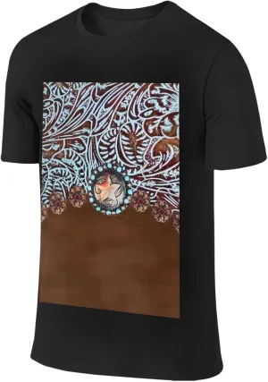 Primitive Rustic Western Cowboy Brown Turquoise Tooled Leather Cotton Short Sleeve T-Shirt,Stretch Comfortfit Tee for Sport