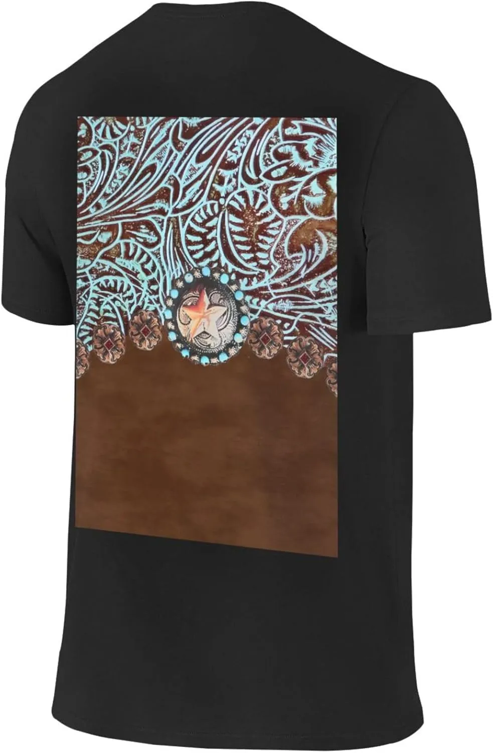 Primitive Rustic Western Cowboy Brown Turquoise Tooled Leather Cotton Short Sleeve T-Shirt,Stretch Comfortfit Tee for Sport