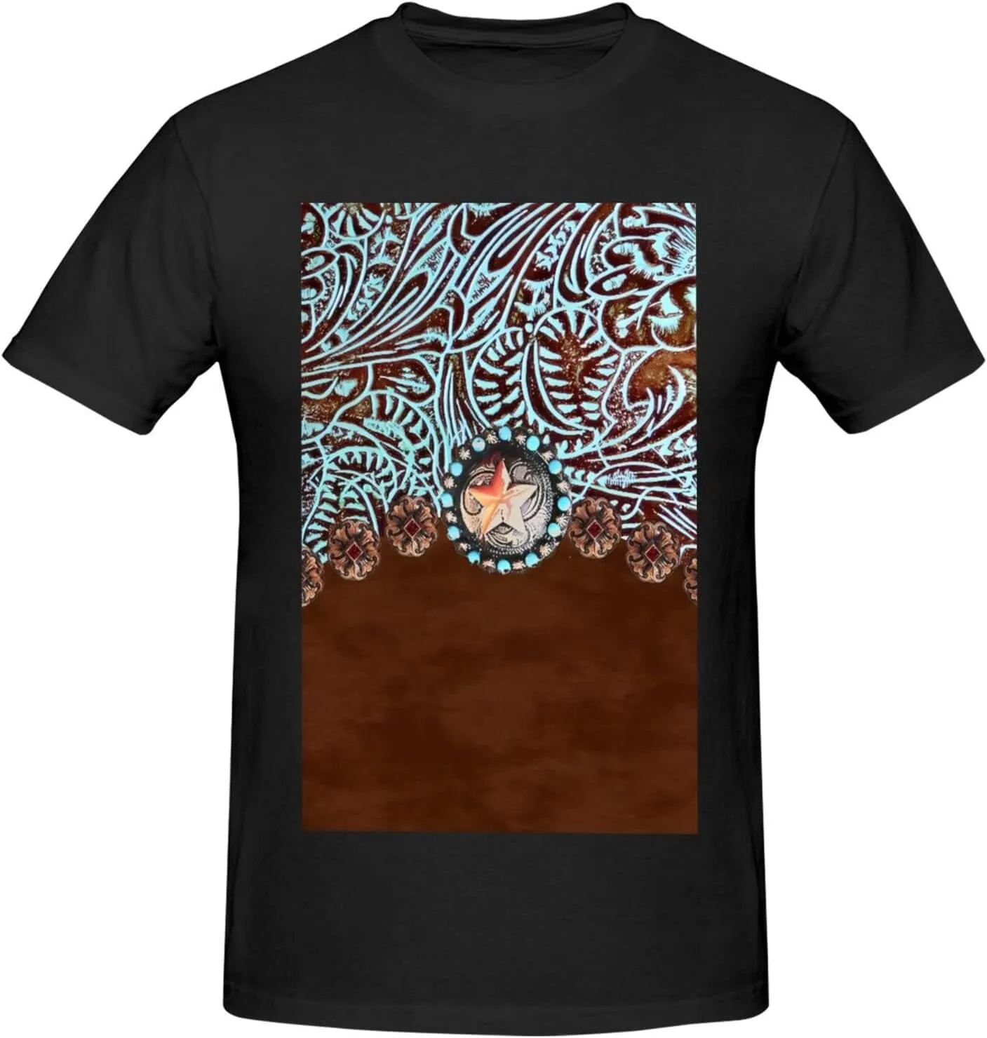 Primitive Rustic Western Cowboy Brown Turquoise Tooled Leather Cotton Short Sleeve T-Shirt,Stretch Comfortfit Tee for Sport