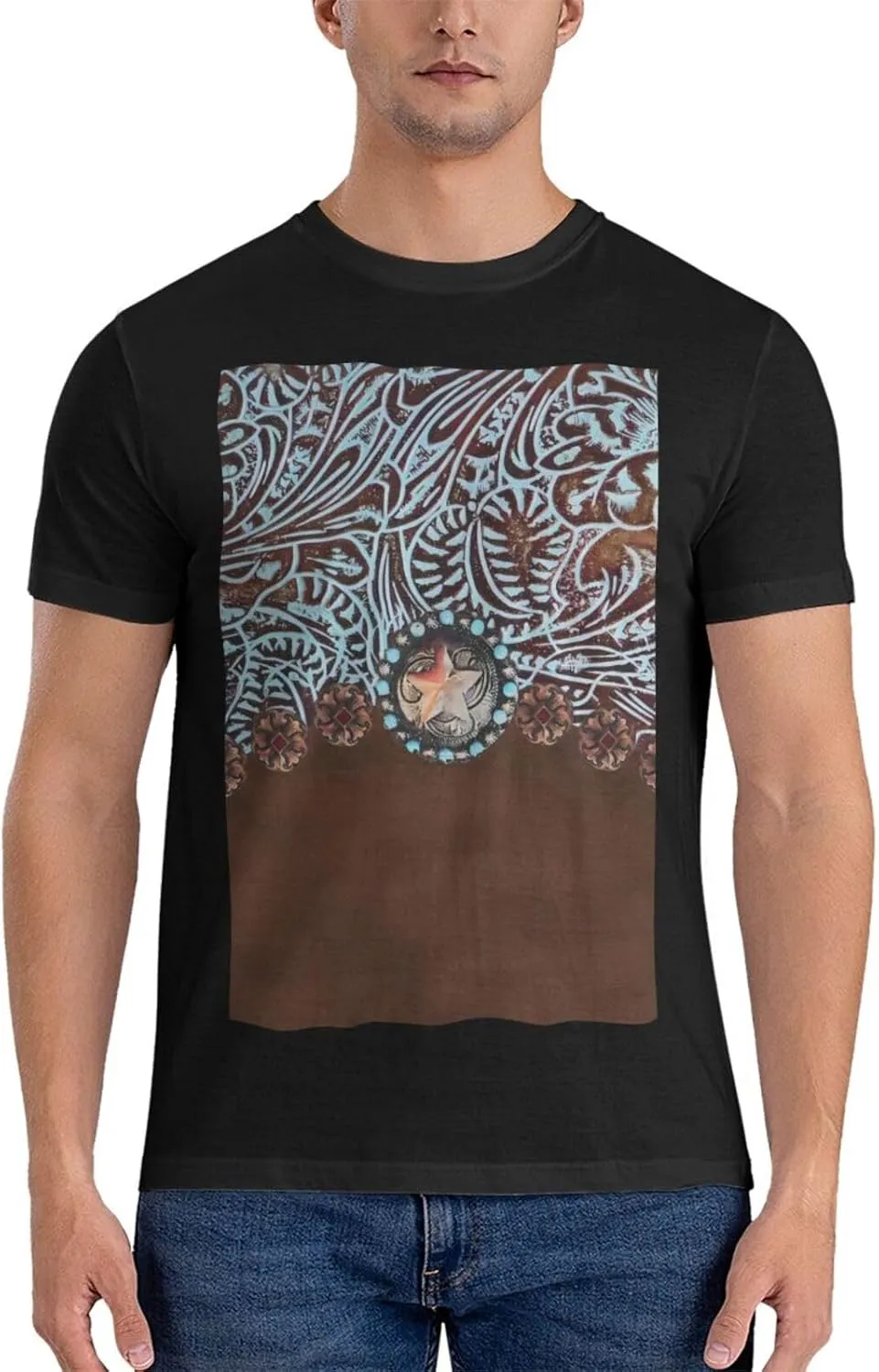 Primitive Rustic Western Cowboy Brown Turquoise Tooled Leather Cotton Short Sleeve T-Shirt,Stretch Comfortfit Tee for Sport
