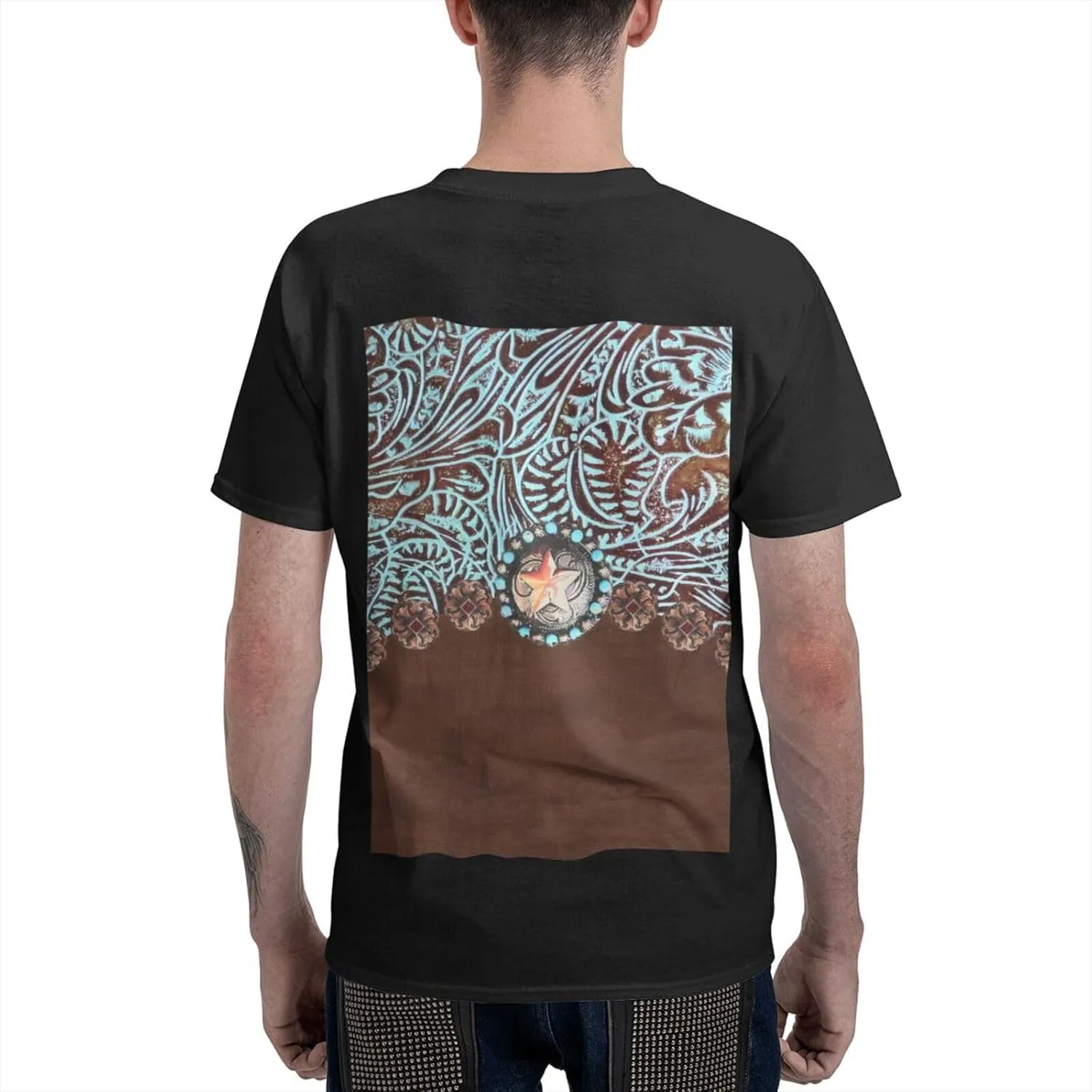 Primitive Rustic Western Cowboy Brown Turquoise Tooled Leather Cotton Short Sleeve T-Shirt,Stretch Comfortfit Tee for Sport