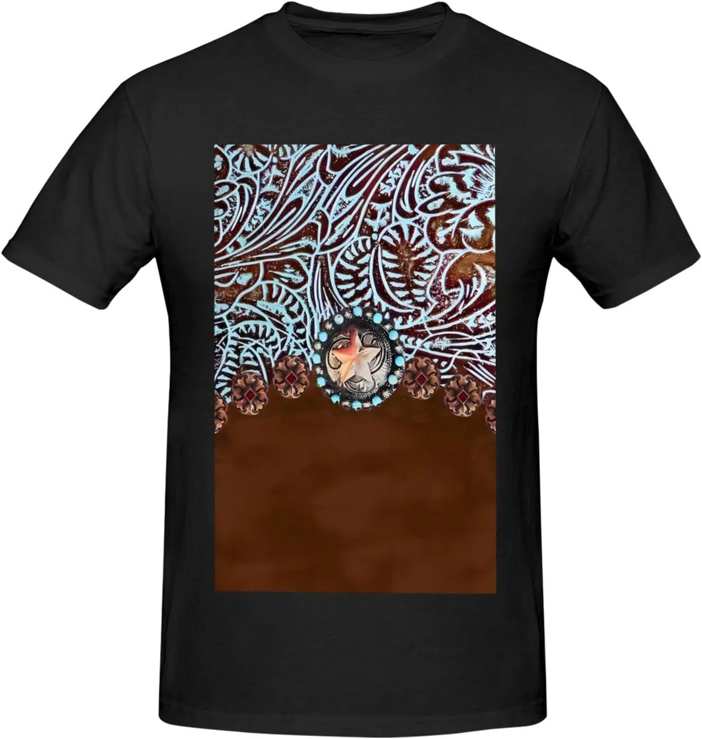 Primitive Rustic Western Cowboy Brown Turquoise Tooled Leather Cotton Short Sleeve T-Shirt,Stretch Comfortfit Tee for Sport