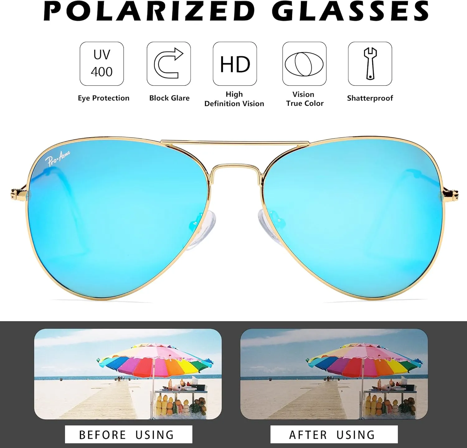 Pro Acme Classic Polarized Aviator Sunglasses for Women Men, Lightweight Metal Pilot Frame UV400 Protection 58MM