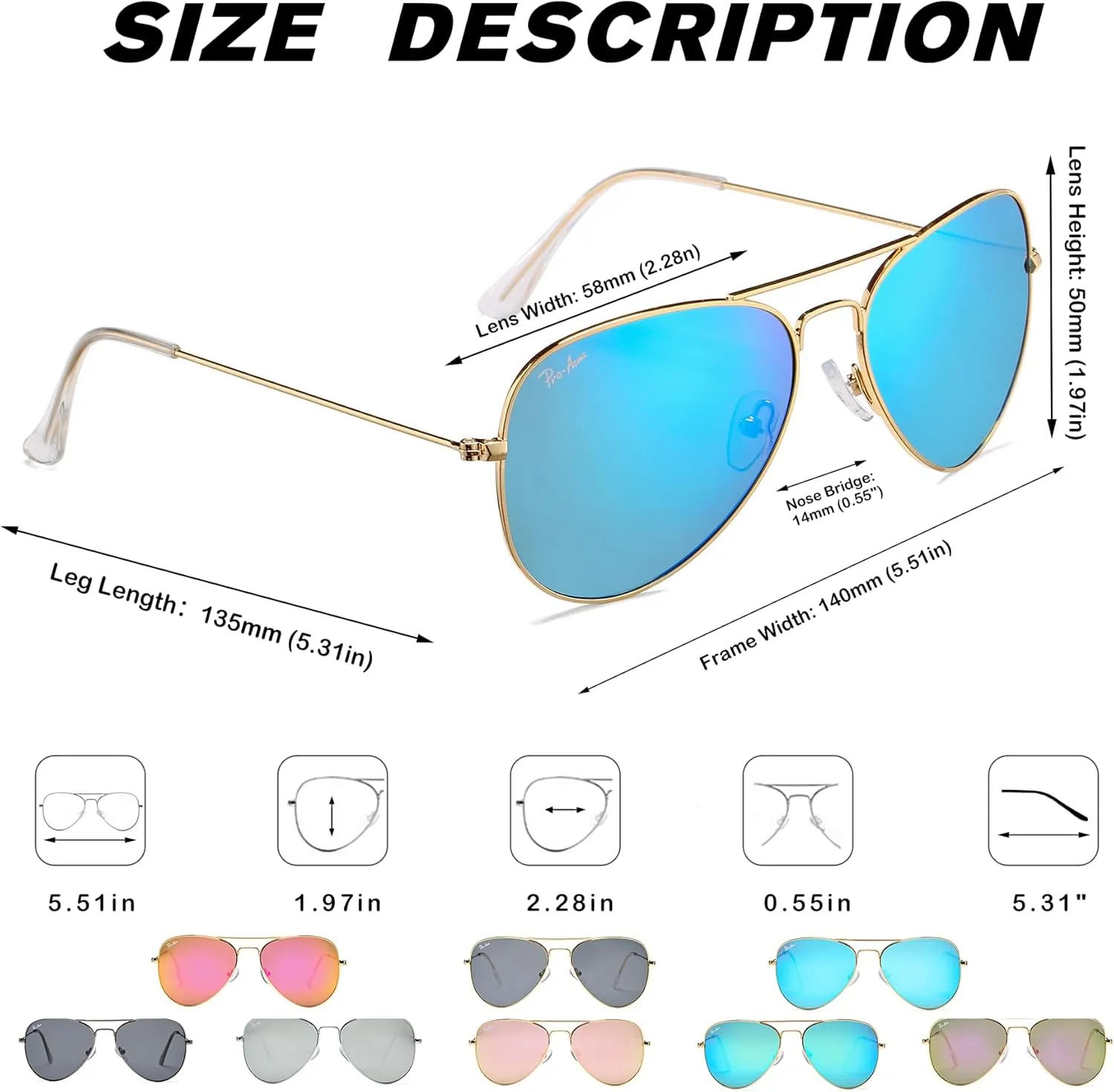 Pro Acme Classic Polarized Aviator Sunglasses for Women Men, Lightweight Metal Pilot Frame UV400 Protection 58MM