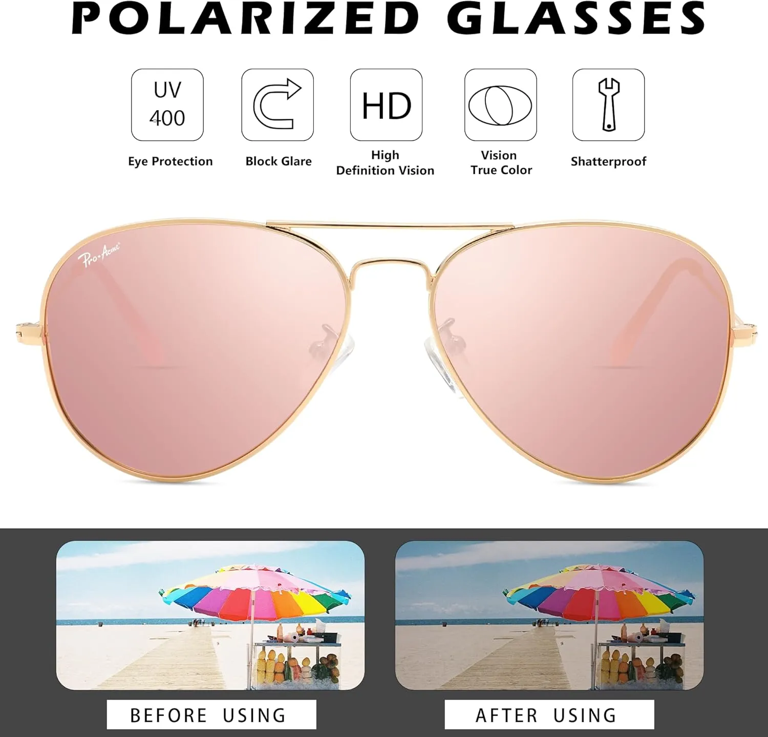 Pro Acme Classic Polarized Aviator Sunglasses for Women Men, Lightweight Metal Pilot Frame UV400 Protection 58MM