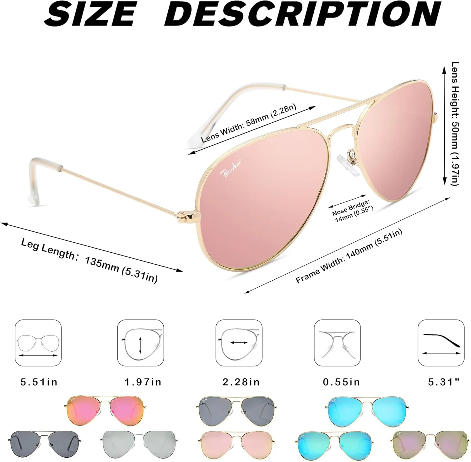 Pro Acme Classic Polarized Aviator Sunglasses for Women Men, Lightweight Metal Pilot Frame UV400 Protection 58MM